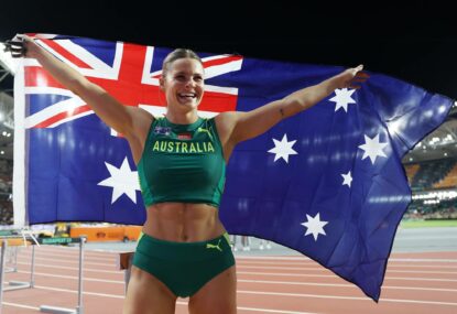 'Hey girl you maybe wanna share this?': Nina's amazing question as Aussie ties for gold in epic pole vault battle