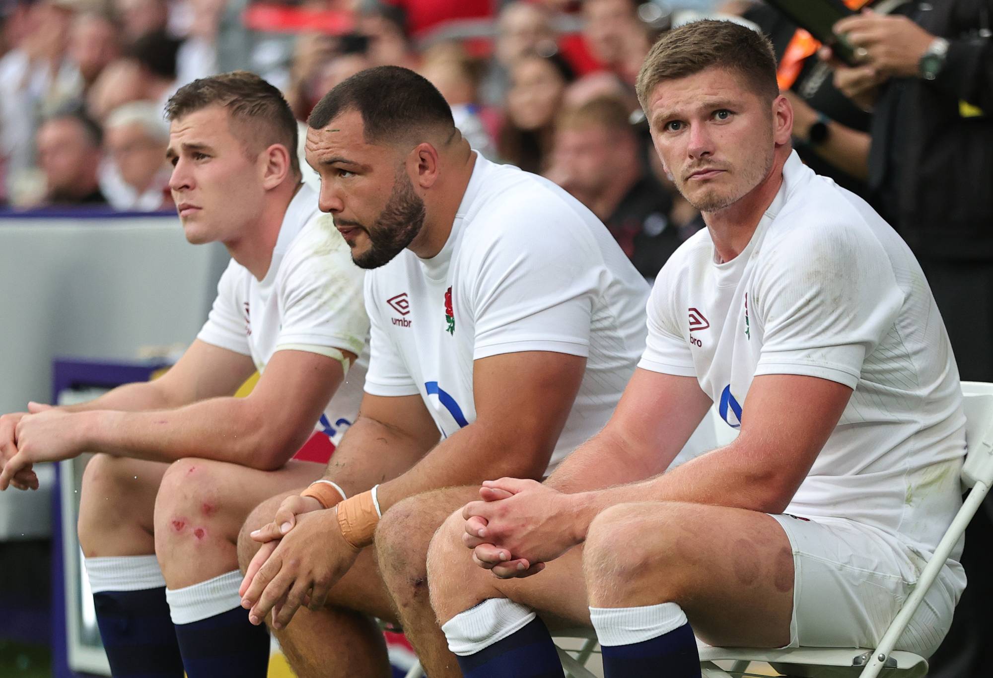 Owen Farrell, the England captain, sits in the sin bin with team mates Ellis Genge and Freddie Steward after they all received yellow cards during the Summer International match between England and Wales at Twickenham Stadium on August 12, 2023 in London, England. (Photo by David Rogers/Getty Images)