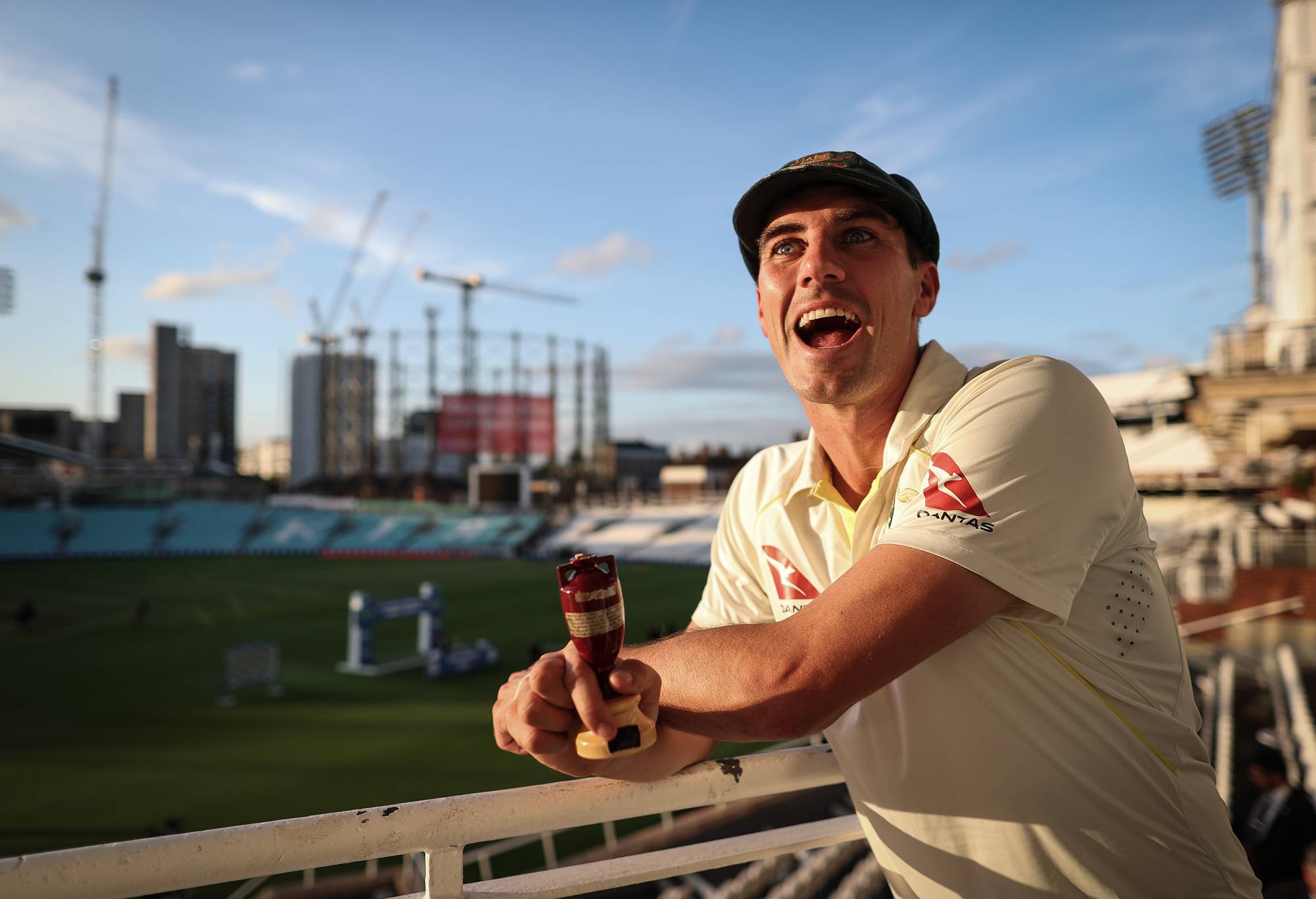 Pat Cummins of Australia poses with a replica Ashes Urn after Day Five of the LV= Insurance Ashes 5th Test match between England and Australia at The Kia Oval on July 31, 2023 in London, England. (Photo by Ryan Pierse/Getty Images)