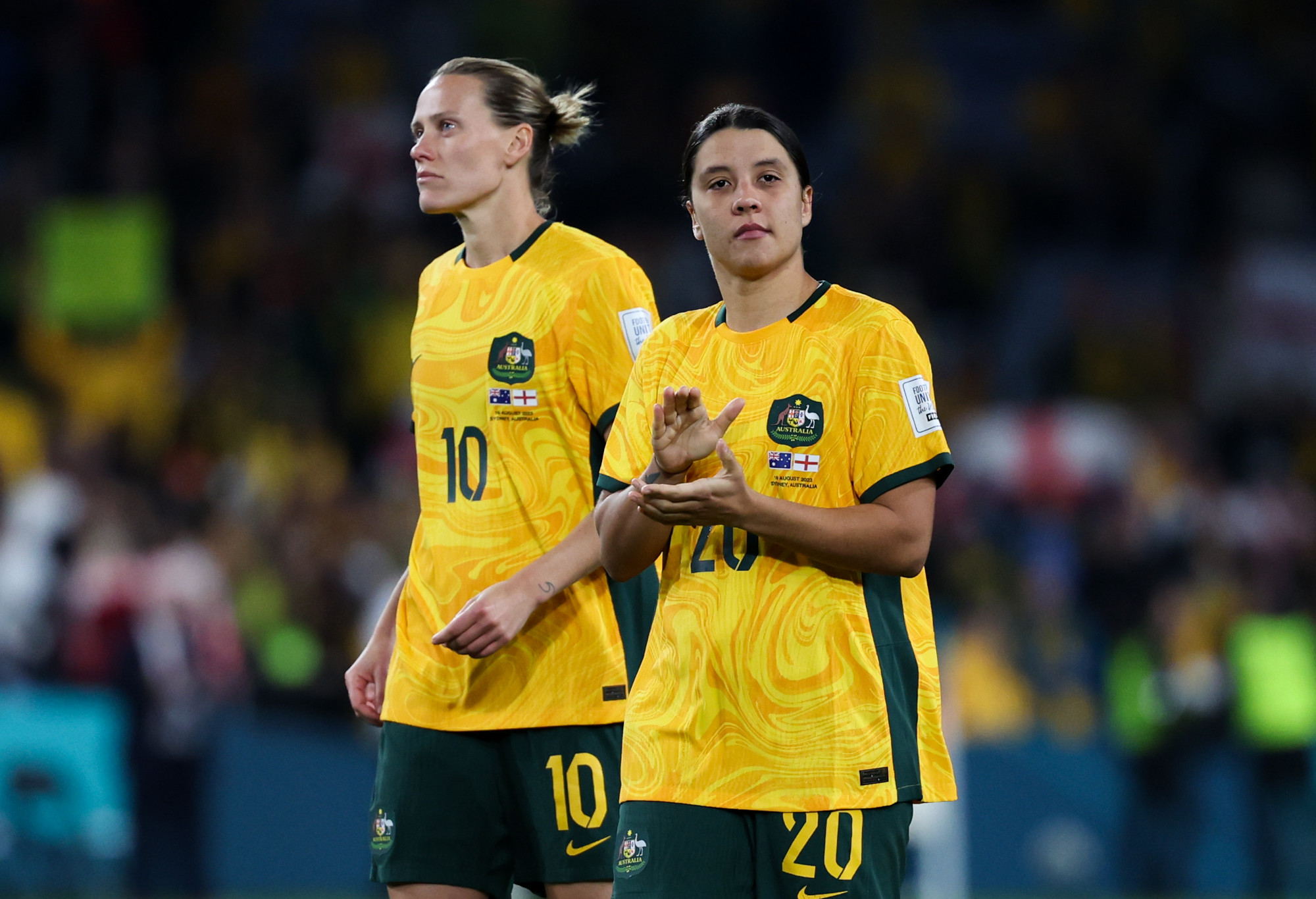Sam Kerr thanks the fans after Australia's World Cup semi-final loss.