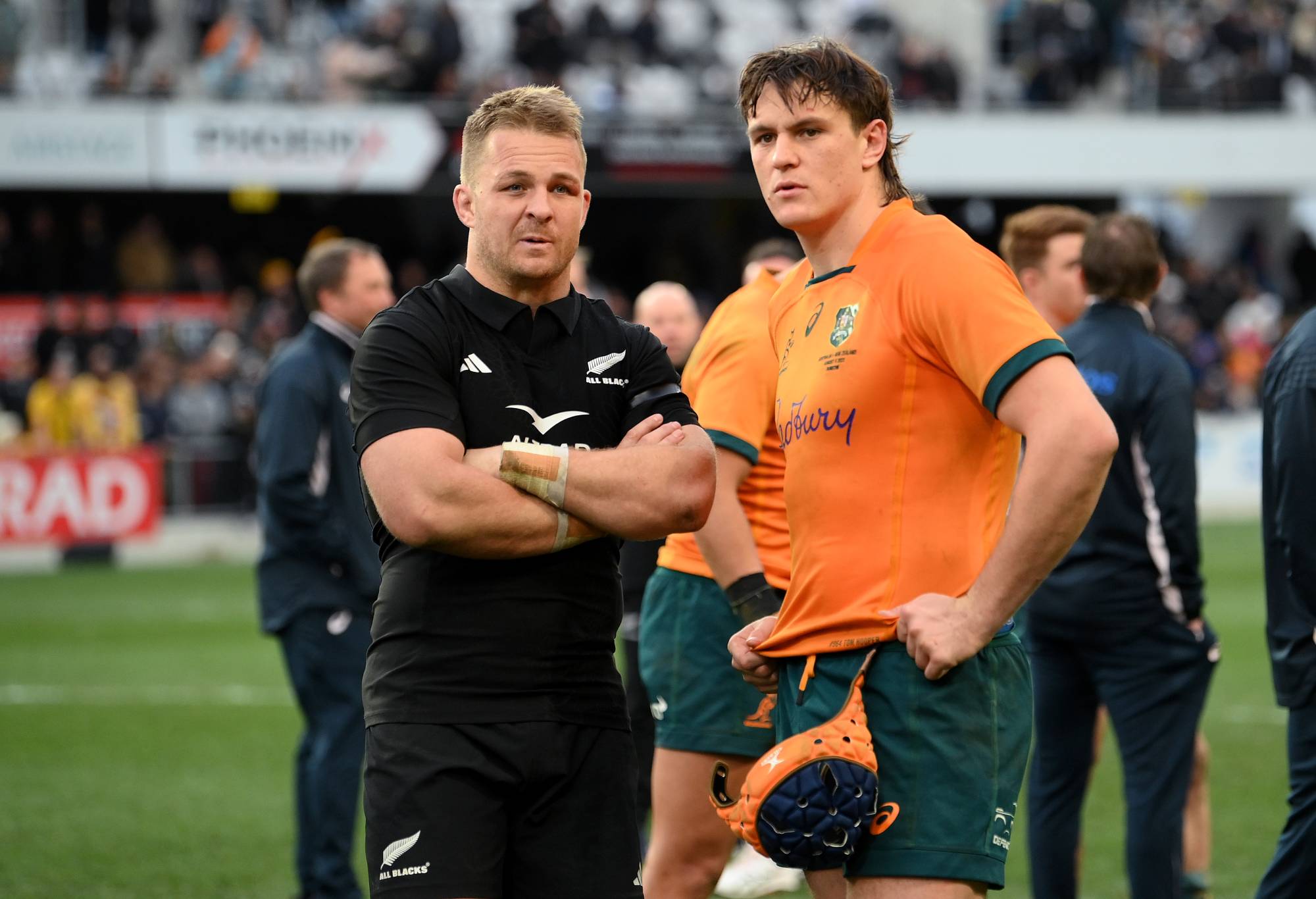 Sam Cane of New Zealand and Tom Hooper of Australia look on following The Rugby Championship & Bledisloe Cup match between the New Zealand All Blacks and the Australia Wallabies at Forsyth Barr Stadium on August 05, 2023 in Dunedin, New Zealand. (Photo by Joe Allison/Getty Images)