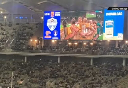 Laughably bad timing as Optus Stadium big screen switches from Matildas shootout to Freo's entrance