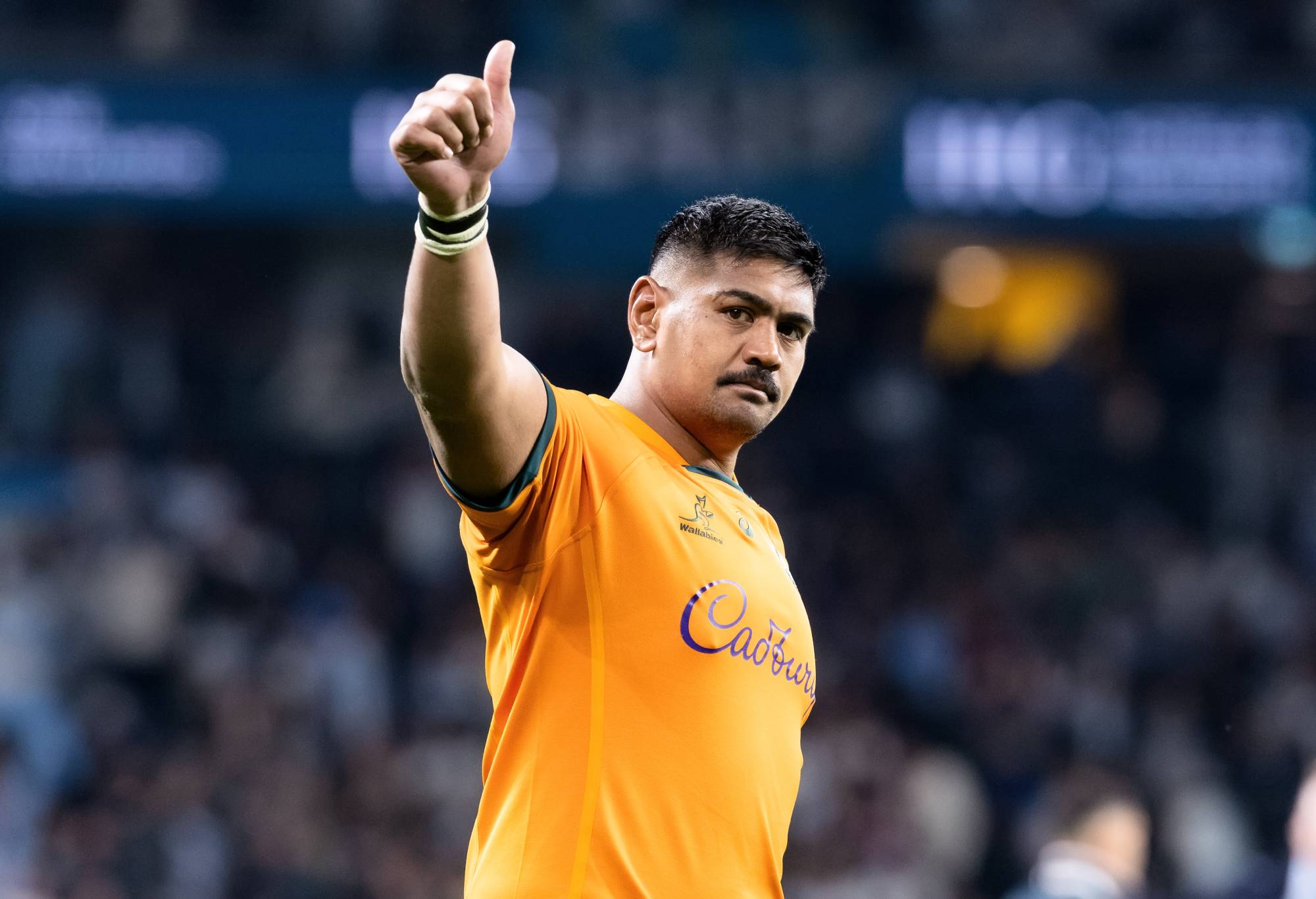 Will Skelton of Wallabies thanks the fans during the Rugby Championship match between Australia and Argentina at CommBank Stadium on July 15, 2023 in Sydney, Australia. (Photo by Pete Dovgan/Speed Media/Icon Sportswire via Getty Images)