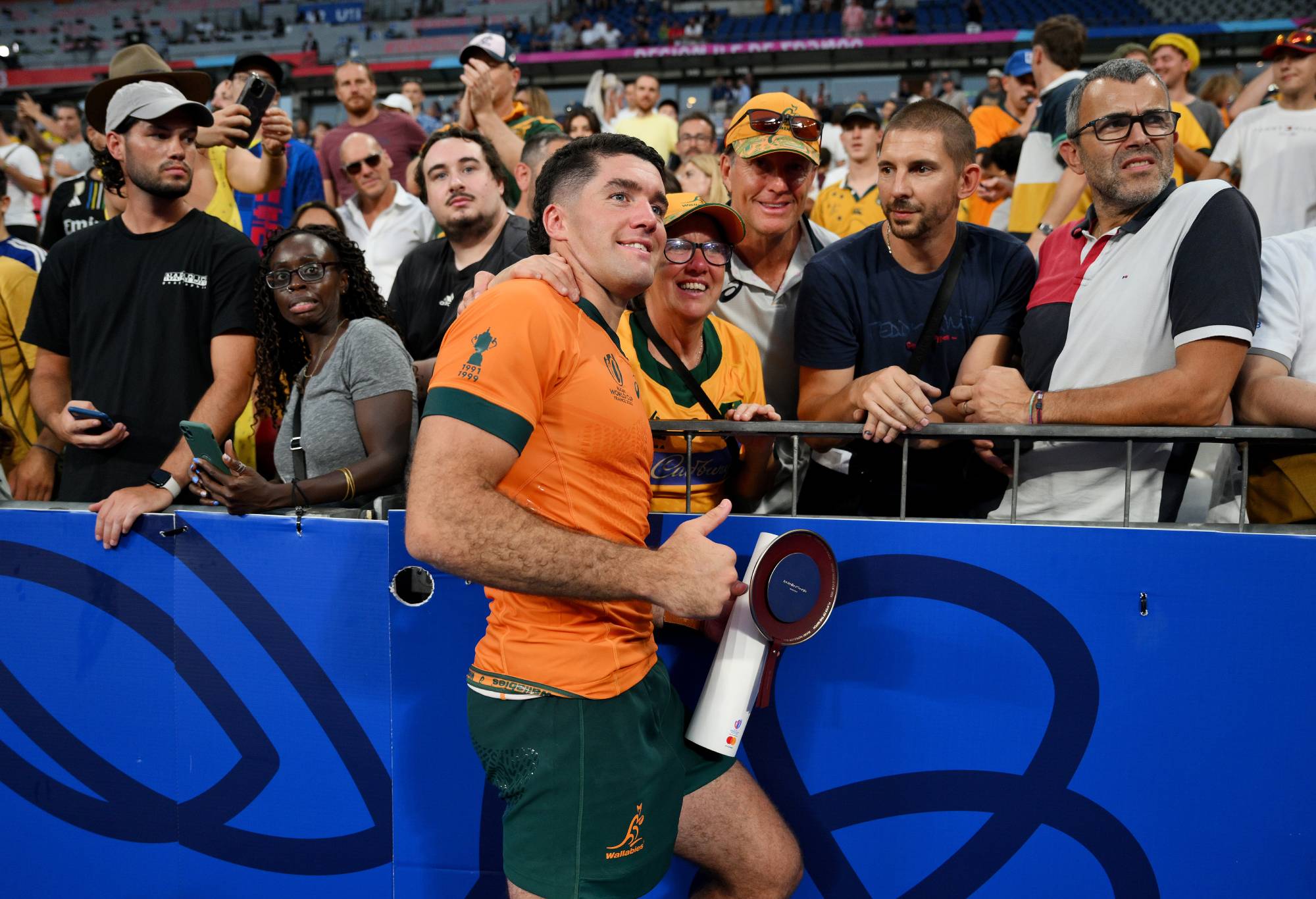 Ben Donaldson of Australia celebrates following the Rugby World Cup France 2023 match between Australia and Georgia at Stade de France on September 09, 2023 in Paris, France. (Photo by David Ramos - World Rugby/World Rugby via Getty Images)