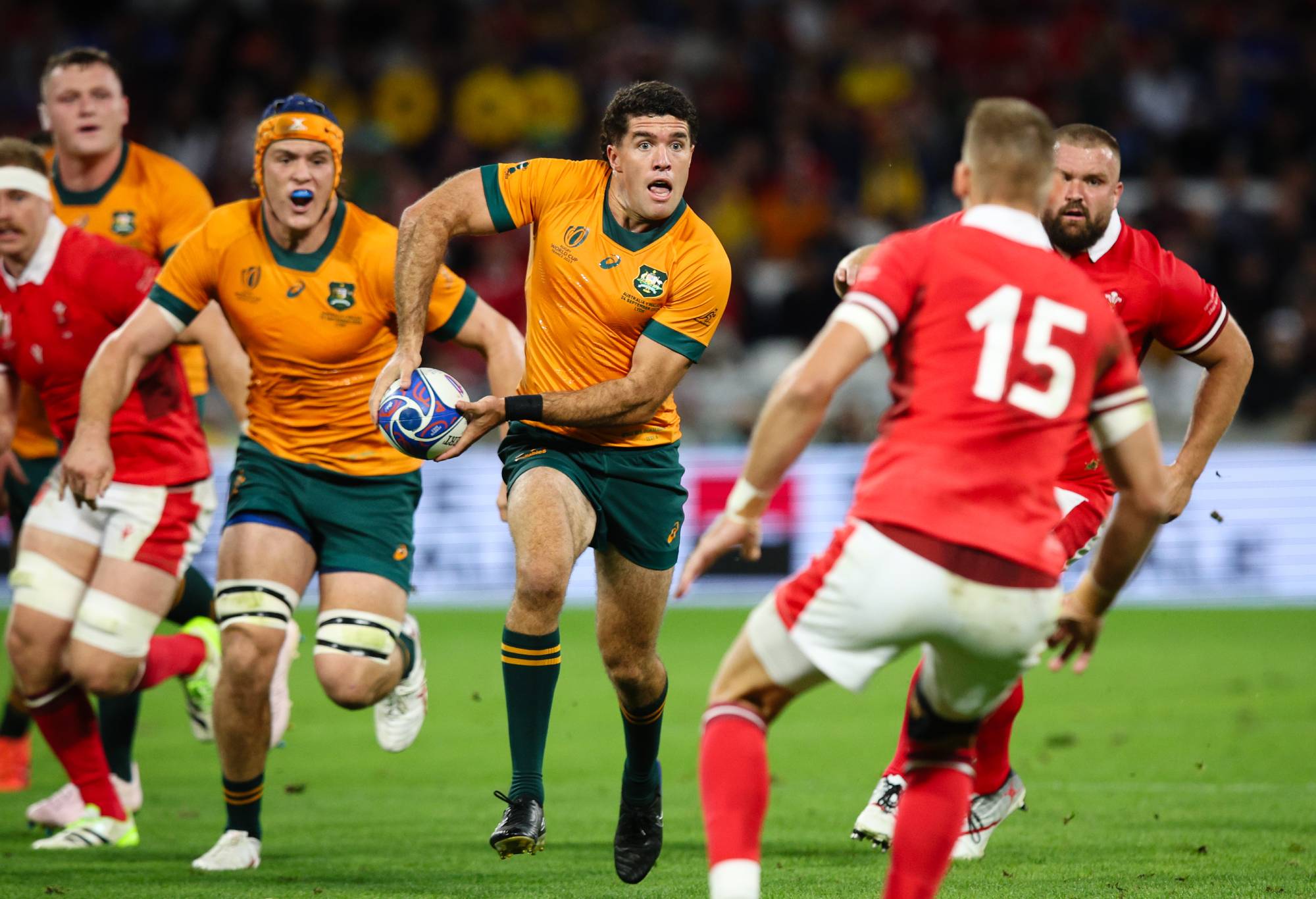 Ben Donaldson of Australia makes a break during the Rugby World Cup France 2023 match between Wales and Australia at Parc Olympique on September 24, 2023 in Lyon, France. (Photo by Craig Mercer/MB Media/Getty Images)