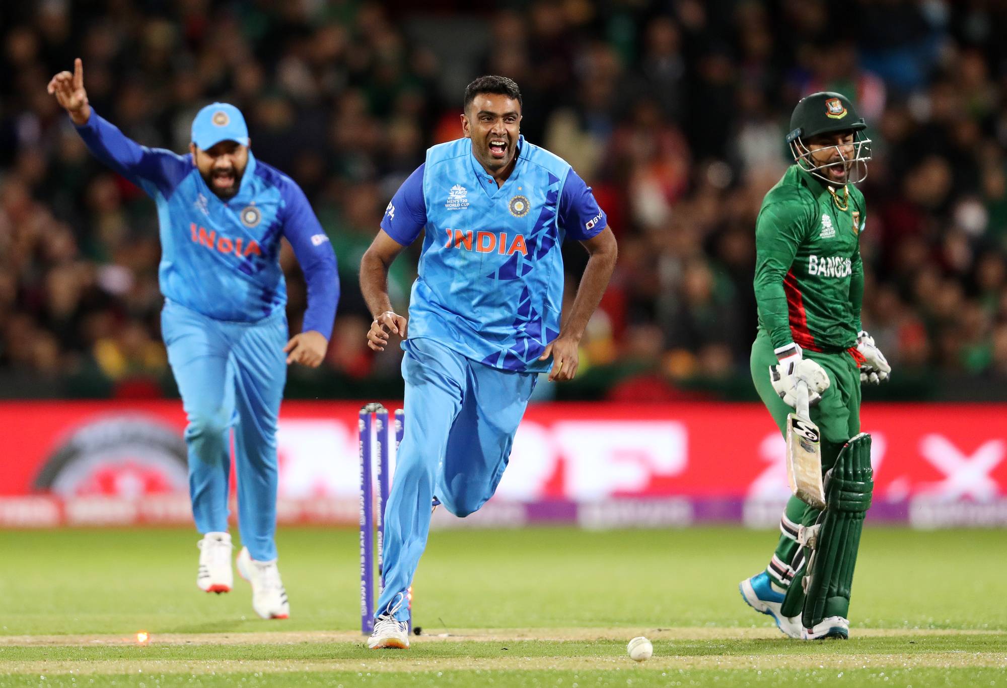ADELAIDE, AUSTRALIA - NOVEMBER 02: Ravichandran Ashwin of India runs towards KL Rahul of India after he ran out of Litton Das of Bangladesh for 60 runs during the ICC Men's T20 World Cup match between India and Bangladesh at Adelaide Oval on November 02, 2022 in Adelaide, Australia. (Photo by Sarah Reed/Getty Images)