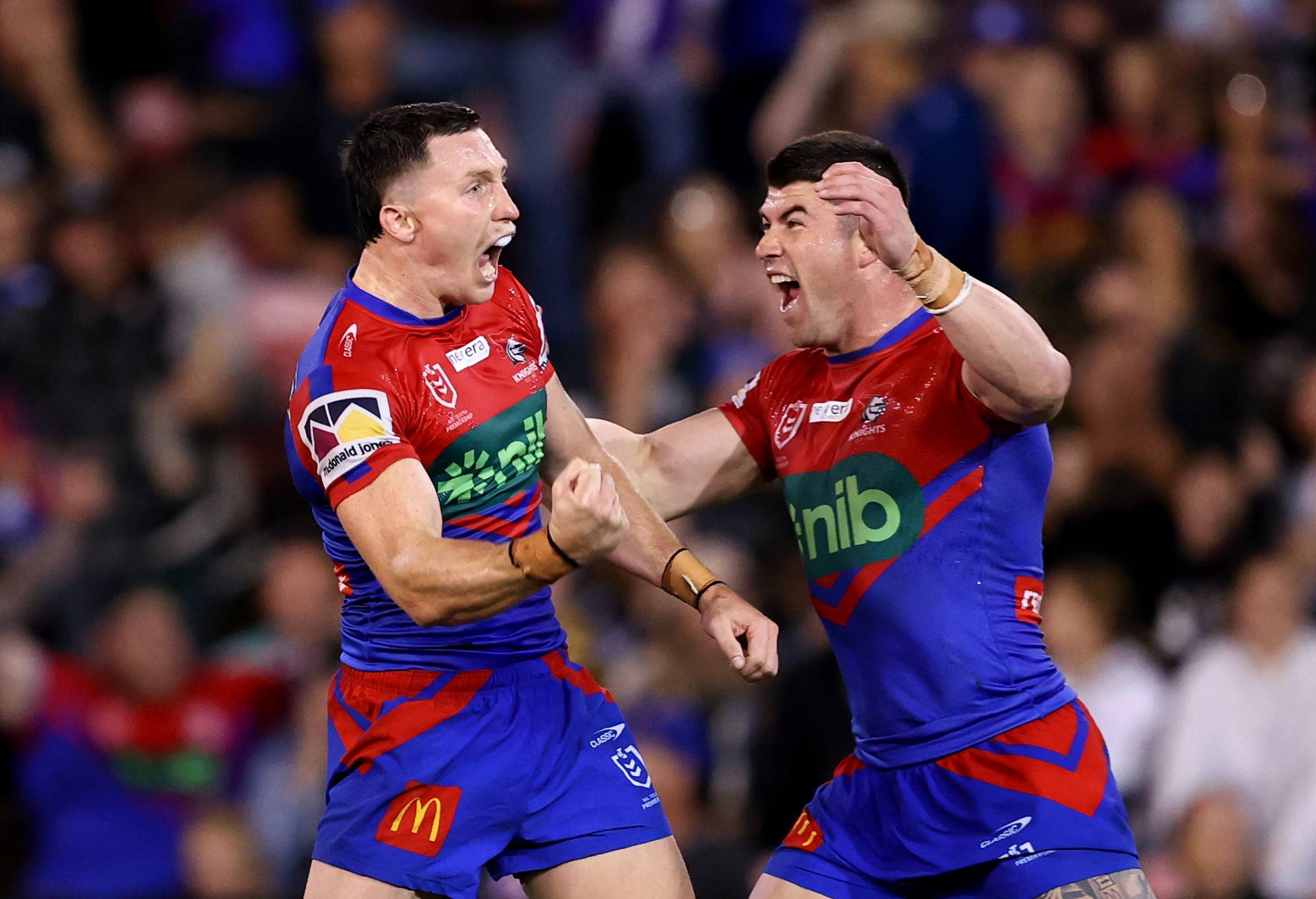 NEWCASTLE, AUSTRALIA - APRIL 15: Tyson Gamble of the Knights celebrates after kicking a field goalduring the round seven NRL match between Newcastle Knights and Penrith Panthers at McDonald Jones Stadium on April 15, 2023 in Newcastle, Australia. (Photo by Brendon Thorne/Getty Images)