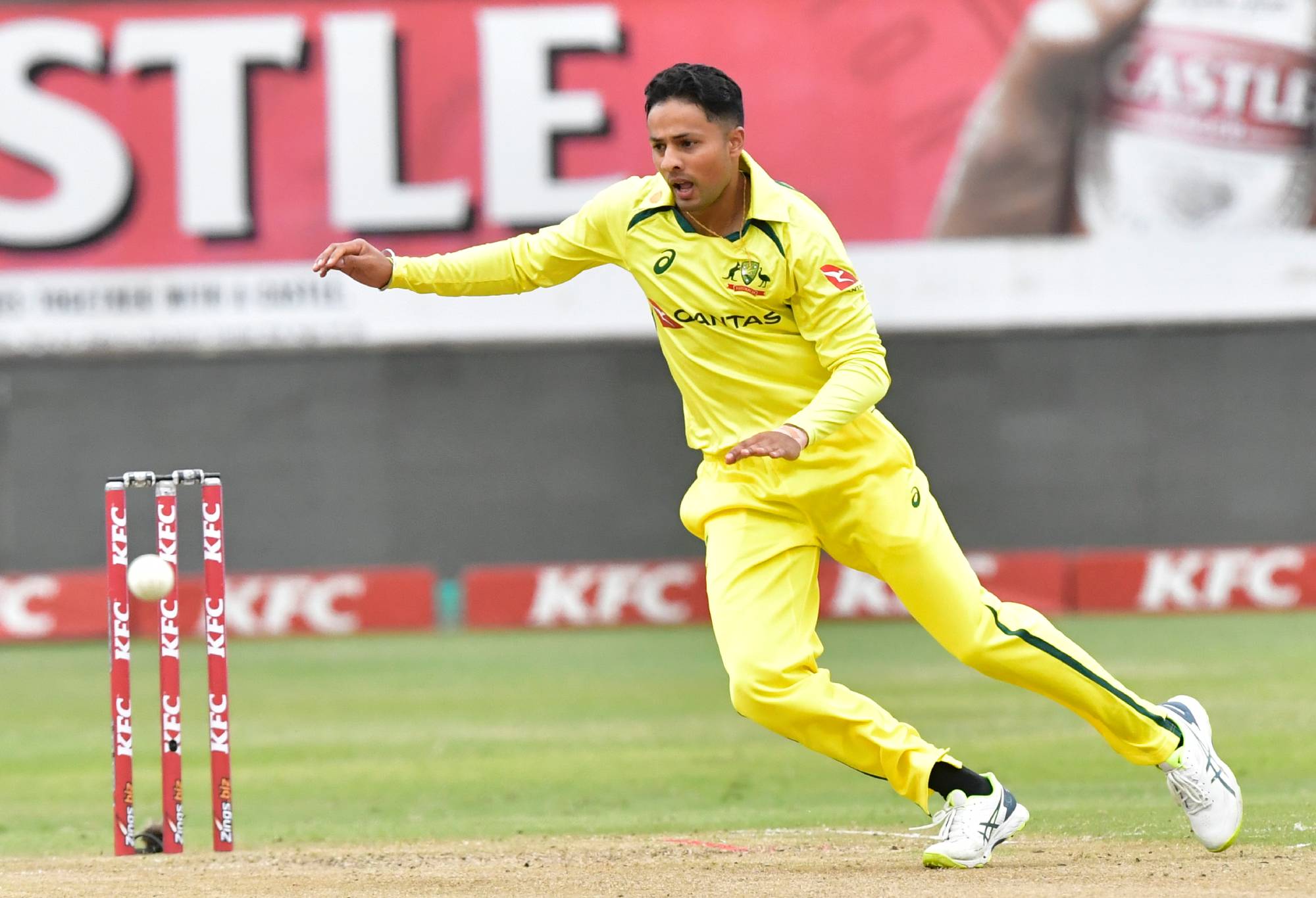DURBAN, SOUTH AFRICA - SEPTEMBER 03: Tanveer Sangha of Australia during the 3rd KFC T20 International match between South Africa and Australia at Hollywoodbets Kingsmead Stadium on September 03, 2023 in Durban, South Africa. (Photo by Sydney Seshibedi/Gallo Images/Getty Images)