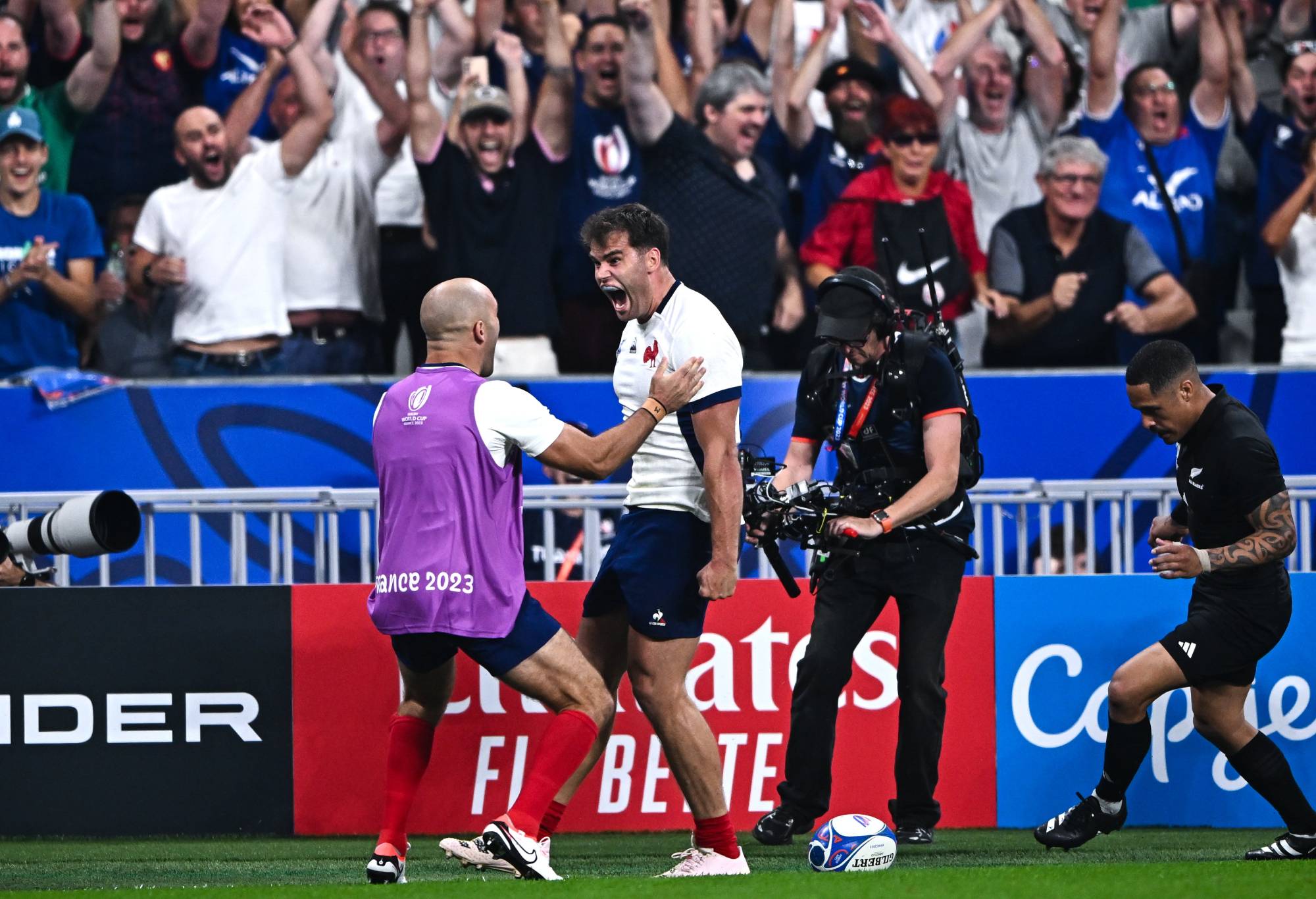 Damien Penaud of France celebrates after scoring his side's first try during the 2023 Rugby World Cup Pool A match between France and New Zealand at the Stade de France in Paris, France. (Photo By Harry Murphy/Sportsfile via Getty Images)