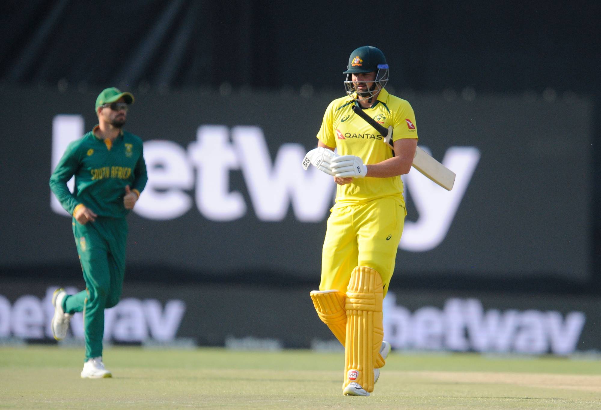 BLOEMFONTEIN, SOUTH AFRICA - SEPTEMBER 09: Tim David of Australia out for 1 during the 2nd Betway One Day International match between South Africa and Australia at Mangaung Oval on September 09, 2023 in Bloemfontein, South Africa. (Photo by Charle Lombard/Gallo Images/Getty Images)