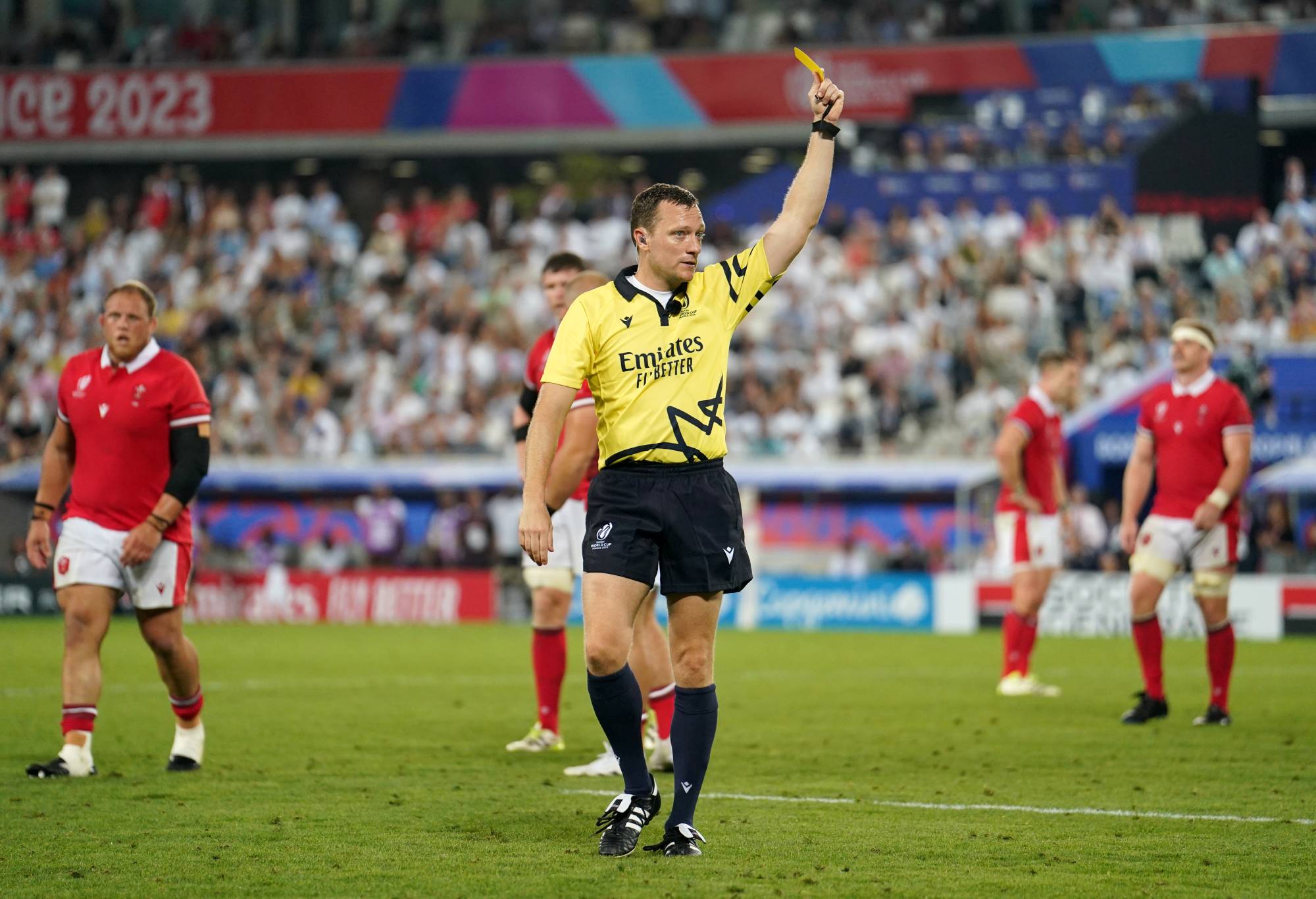 Referee Matthew Carley shows a yellow card to Fiji's Lekima Tagitagivalu during the 2023 Rugby World Cup Pool C match at the Stade de Bordeaux, France. Picture date: Sunday September 10, 2023. (Photo by David Davies/PA Images via Getty Images)
