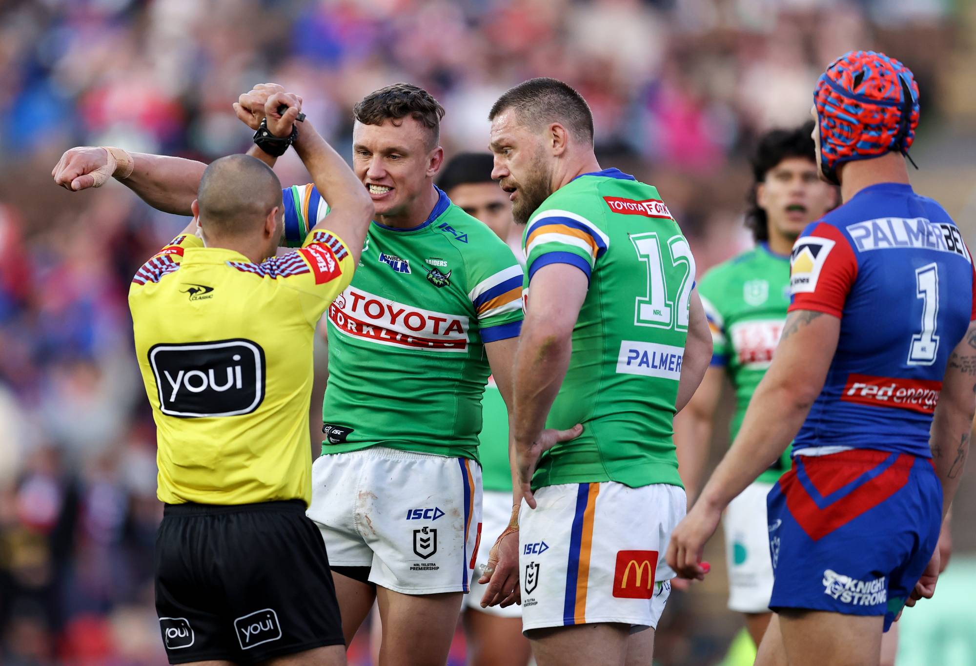 NEWCASTLE, AUSTRALIA - SEPTEMBER 10: Jack Wighton of the Raiders is placed on report by referee Ashley Klein during the NRL Elimination Final match between Newcastle Knights and Canberra Raiders at McDonald Jones Stadium on September 10, 2023 in Newcastle, Australia. (Photo by Brendon Thorne/Getty Images)