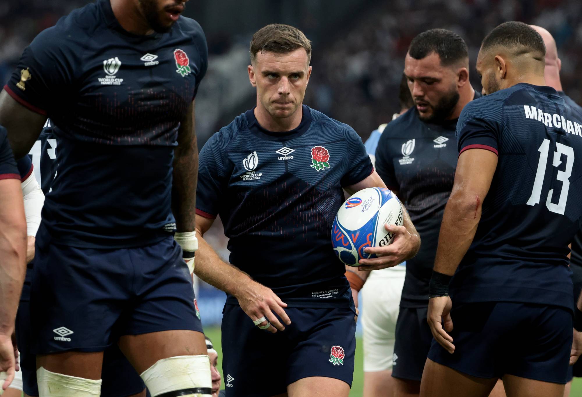George Ford of England looks on during the Rugby World Cup France 2023 match between England and Argentina at Stade Velodrome on September 9, 2023 in Marseille, France. (Photo by Jean Catuffe/Getty Images)