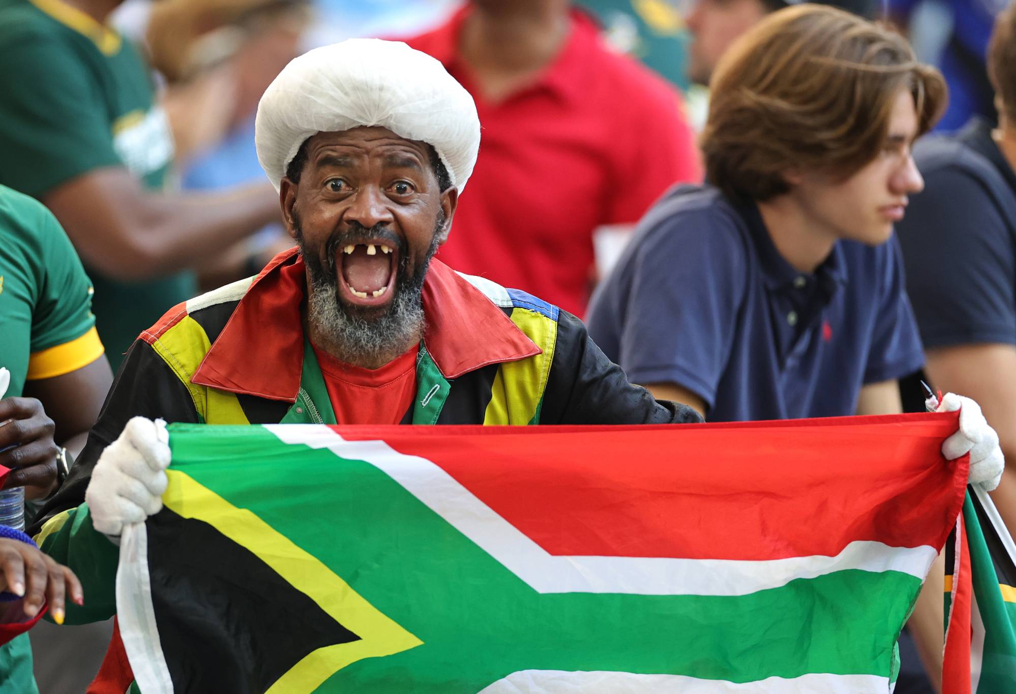 A South Africa fans celebrates during the Rugby World Cup France 2023 Group B match between South Africa and Scotland at Stade Velodrome on September 10, 2023 in Marseille, France. (Photo by David Rogers/Getty Images)