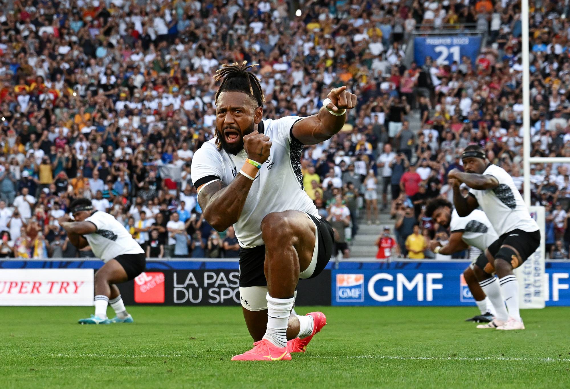 Waisea Nayacalevu of Fiji leads his teammates as players of of Fiji perform the Cibi prior to the Rugby World Cup France 2023 match between Australia and Fiji at Stade Geoffroy-Guichard on September 17, 2023 in Saint-Etienne, France. (Photo by World Rugby/World Rugby via Getty Images)