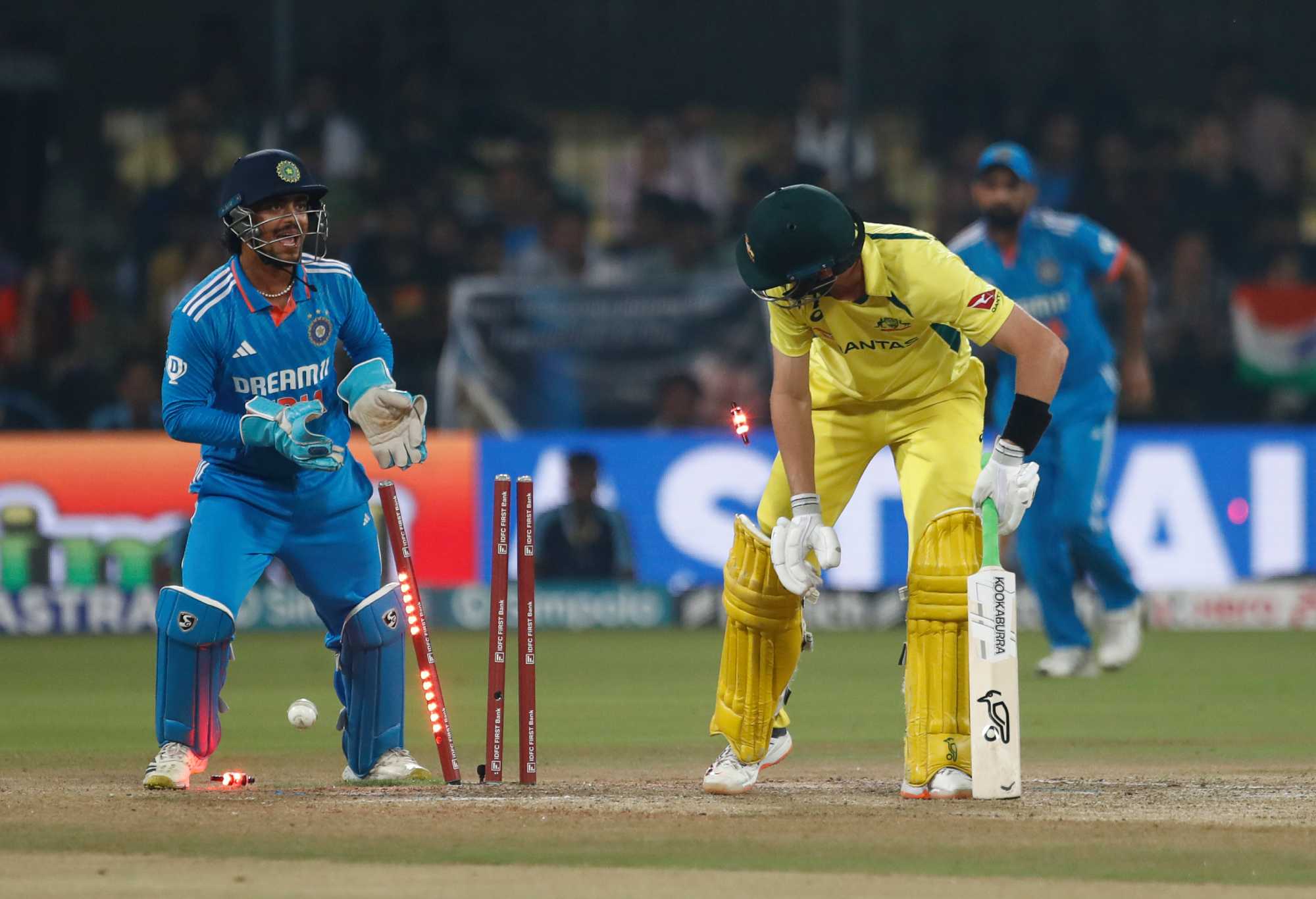 INDORE, INDIA - SEPTEMBER 24: Marnus Labuschagne of Australia bowled out by Ravichandran Ashwin of India during game two of the One Day International series between India and Australia at Holkar Cricket Stadium on September 24, 2023 in Indore, India. (Photo by Pankaj Nangia/Getty Images)
