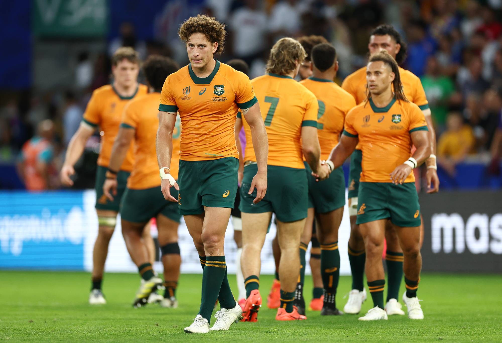 Mark Nawaqanitawase of Australia looks dejected at full-time following the Rugby World Cup France 2023 match between Australia and Fiji at Stade Geoffroy-Guichard on September 17, 2023 in Saint-Etienne, France. (Photo by Chris Hyde/Getty Images)