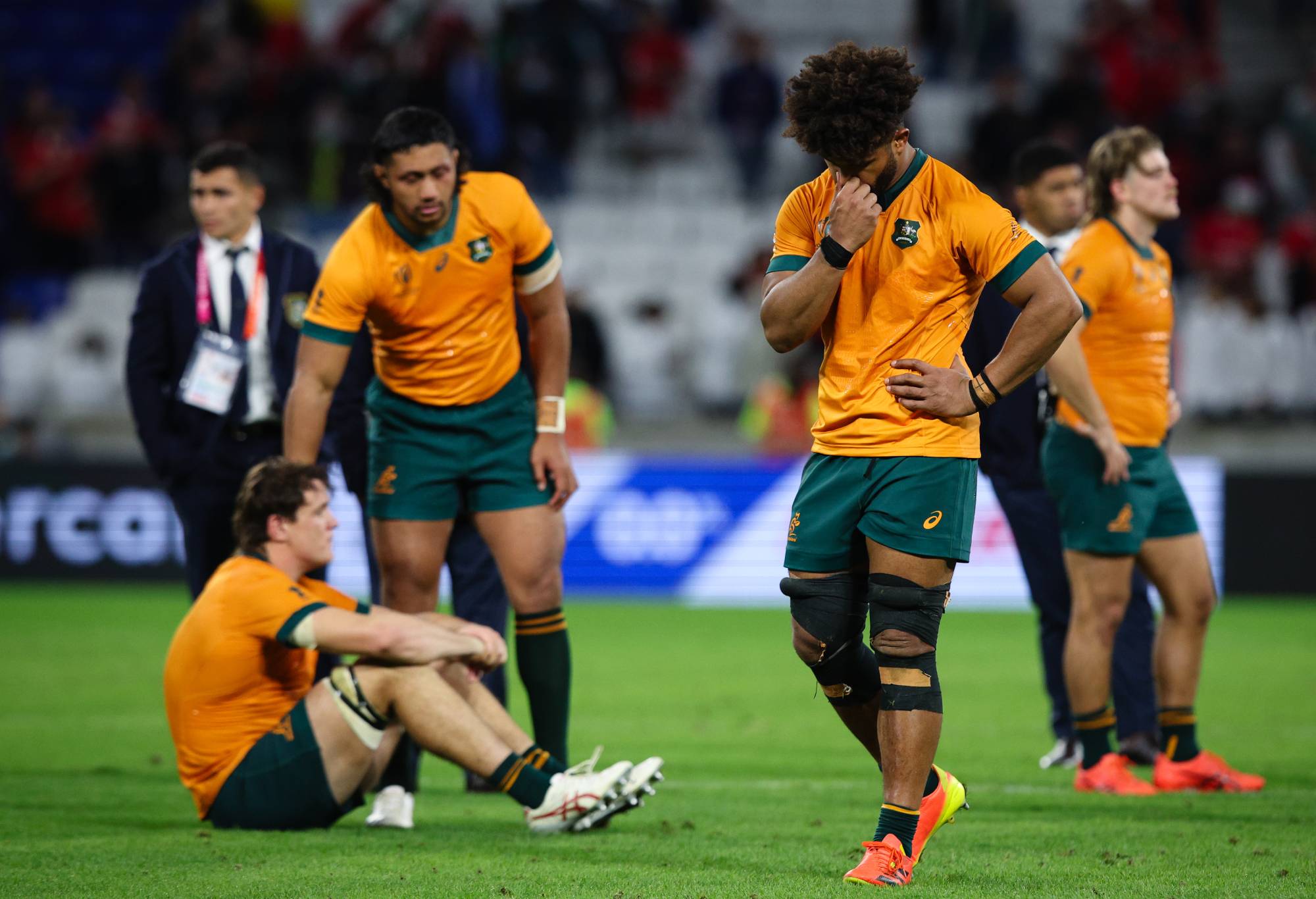 Dejection for Australia players and staff after the Rugby World Cup France 2023 match between Wales and Australia at Parc Olympique on September 24, 2023 in Lyon, France. (Photo by Craig Mercer/MB Media/Getty Images)