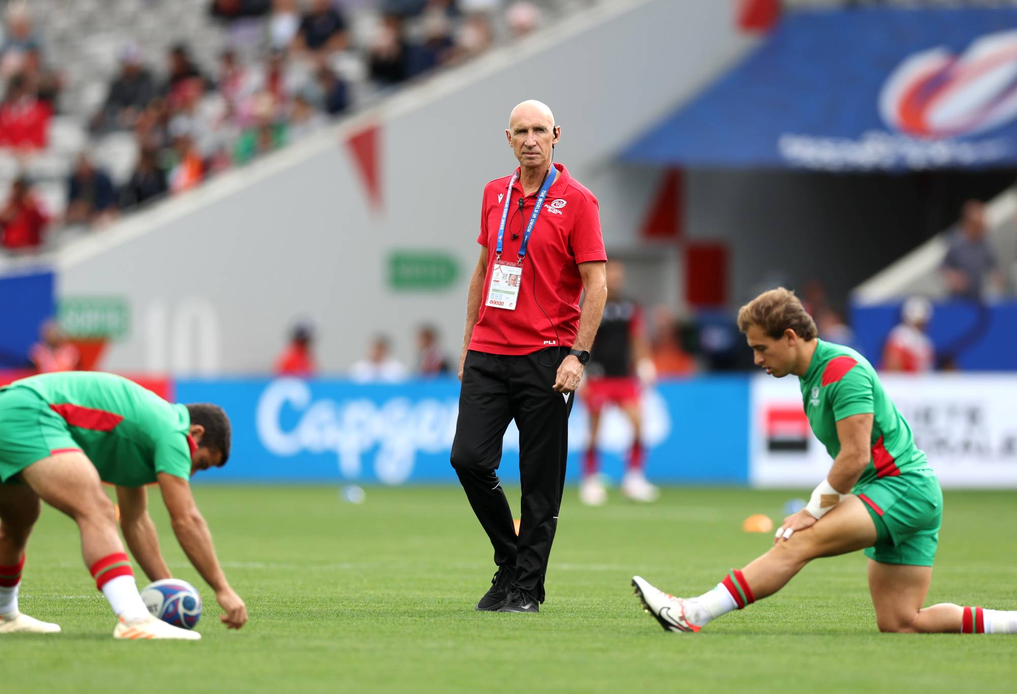Patrice Lagisquet, Head Coach of Portugal, looks on prior to the Rugby World Cup France 2023 match between Georgia and Portugal at Stadium de Toulouse on September 23, 2023 in Toulouse, France. (Photo by Catherine Ivill/Getty Images)