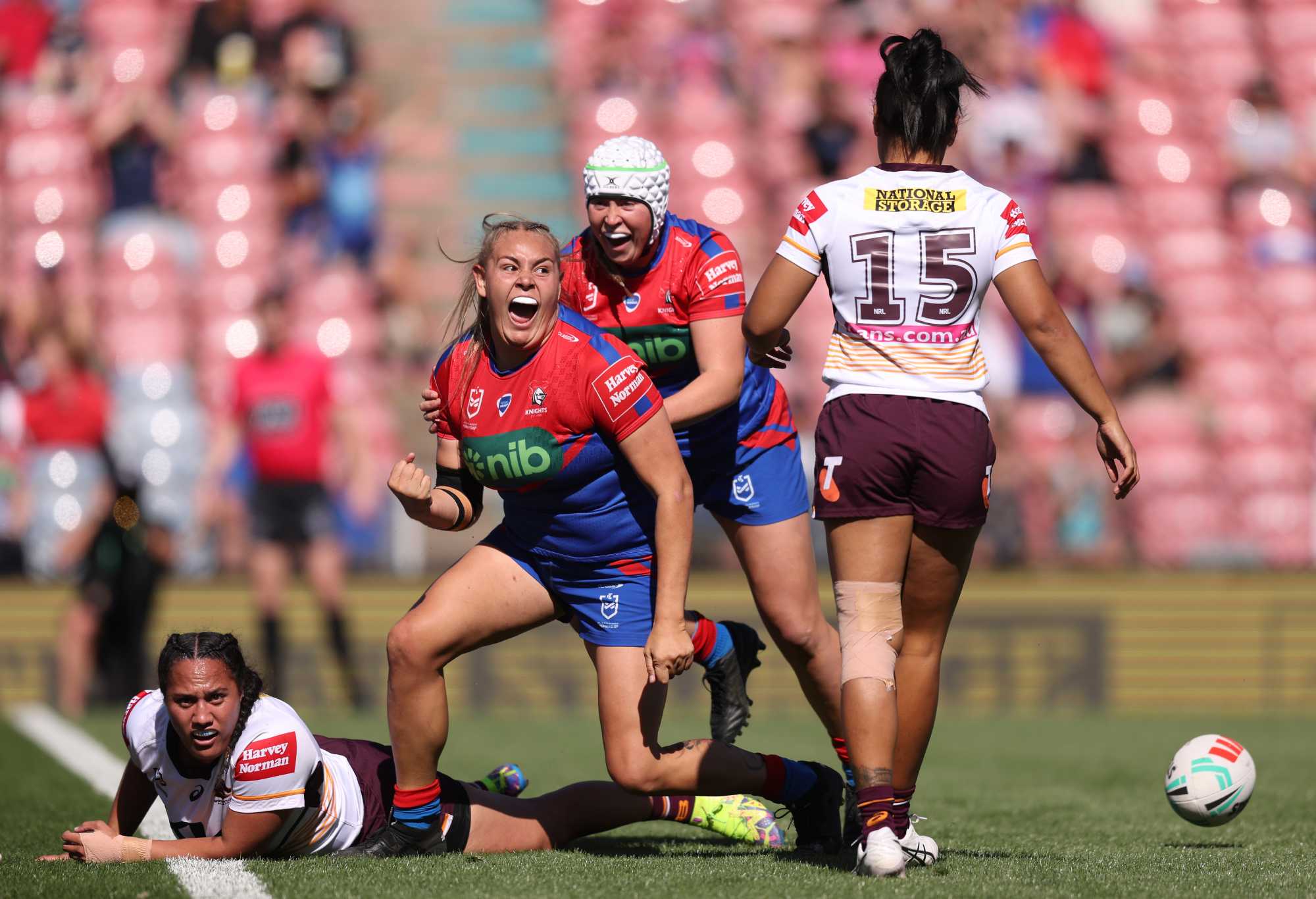 NEWCASTLE, AUSTRALIA - SEPTEMBER 24: Caitlan Johnston of the Knights celebrates a try during the NRLW Semi Final match between Newcastle Knights and Brisbane Broncos at McDonald Jones Stadium, on September 24, 2023, in Newcastle, Australia. (Photo by Scott Gardiner/Getty Images)