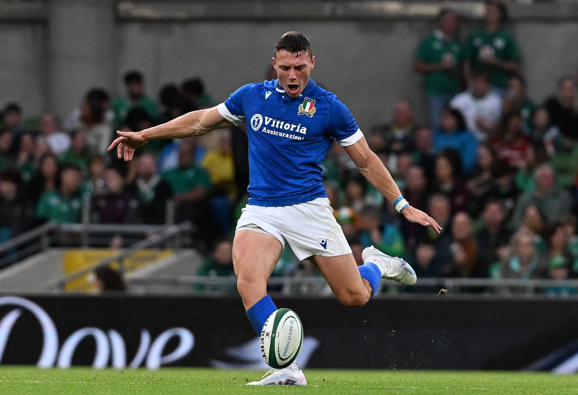 Paolo Garbisi of Italy in action during the Summer International match between Ireland and Italy at Aviva Stadium on August 5, 2023 in Dublin, Ireland. (Photo by Charles McQuillan/Federugby/Federugby via Getty Images)