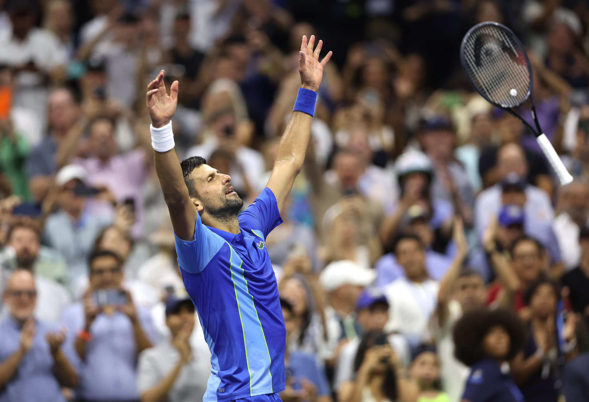 Novak Djokovic celebrates winning the 2023 US Open.