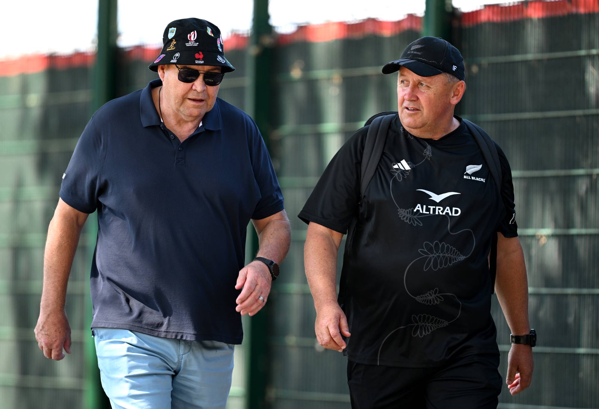 Former All Blacks head coach Sir Steve Hansen walks with head coach Ian Foster of the All Blacks following a New Zealand All Blacks training session at LOU rugby club ahead of their Rugby World Cup France 2023 match against Namibia on September 11, 2023 in Lyon, France. (Photo by Hannah Peters/Getty Images)