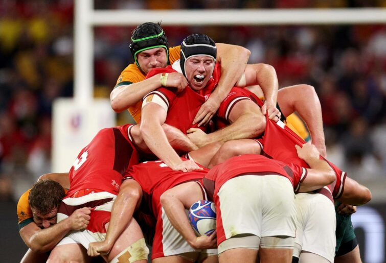 The two teams compete in a scrum during the Rugby World Cup France 2023 match between Wales and Australia at Parc Olympique on September 24, 2023 in Lyon, France. (Photo by Adam Pretty - World Rugby/World Rugby via Getty Images)