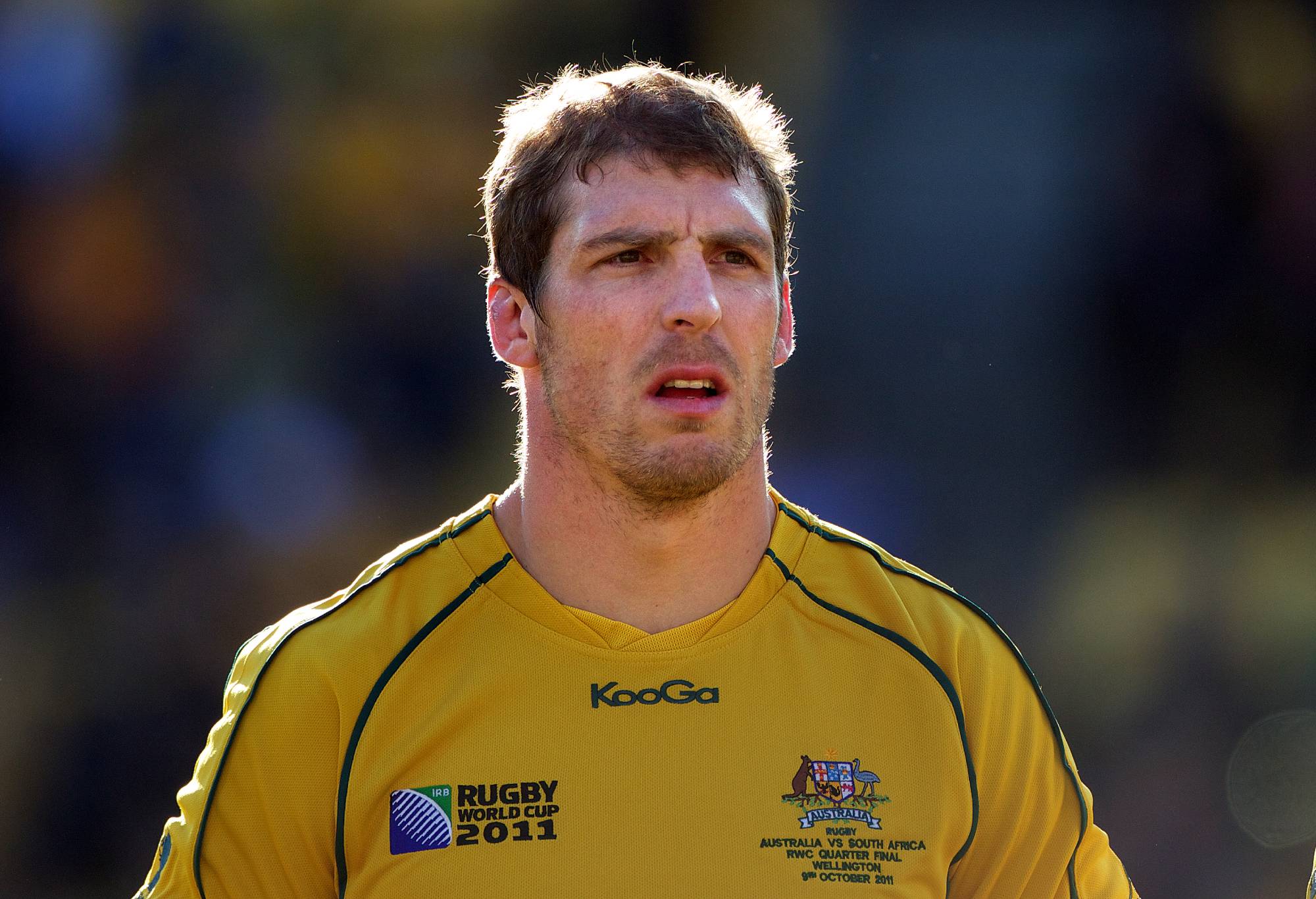 Dan Vickerman, Australia, during the teams national anthems before the South Africa V Australia Quarter Final match at the IRB Rugby World Cup tournament. Wellington Regional Stadium, Wellington, New Zealand, 9th October 2011. Photo Tim Clayton (Photo by Tim Clayton/Corbis via Getty Images)