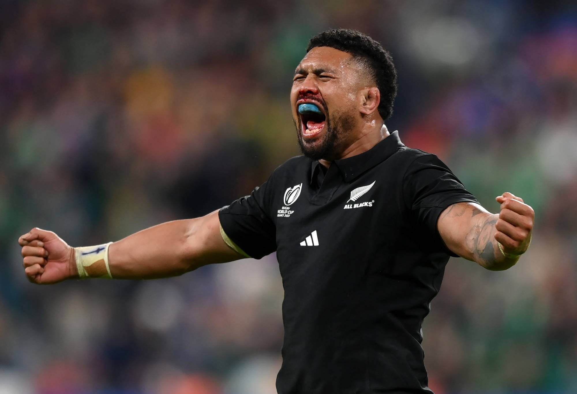 Ardie Savea of New Zealand celebrates victory at full-time following the Rugby World Cup France 2023 Quarter Final match between Ireland and New Zealand at Stade de France on October 14, 2023 in Paris, France. (Photo by Justin Setterfield - World Rugby/World Rugby via Getty Images)