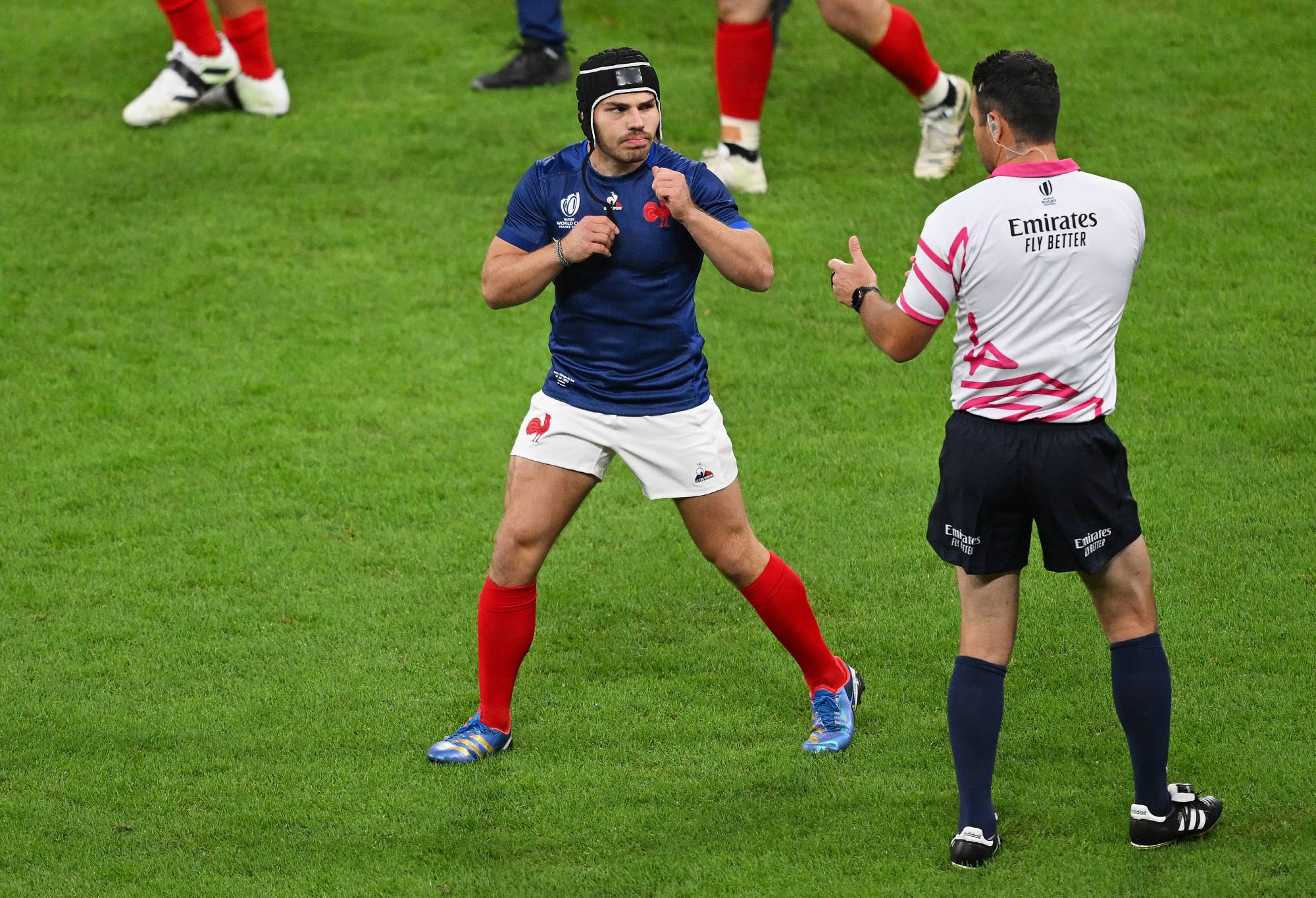 Antoine Dupont of France interacts with Referee Ben O’Keeffe during the Rugby World Cup France 2023 Quarter Final match between France and South Africa at Stade de France on October 15, 2023 in Paris, France. (Photo by Hannah Peters/Getty Images)