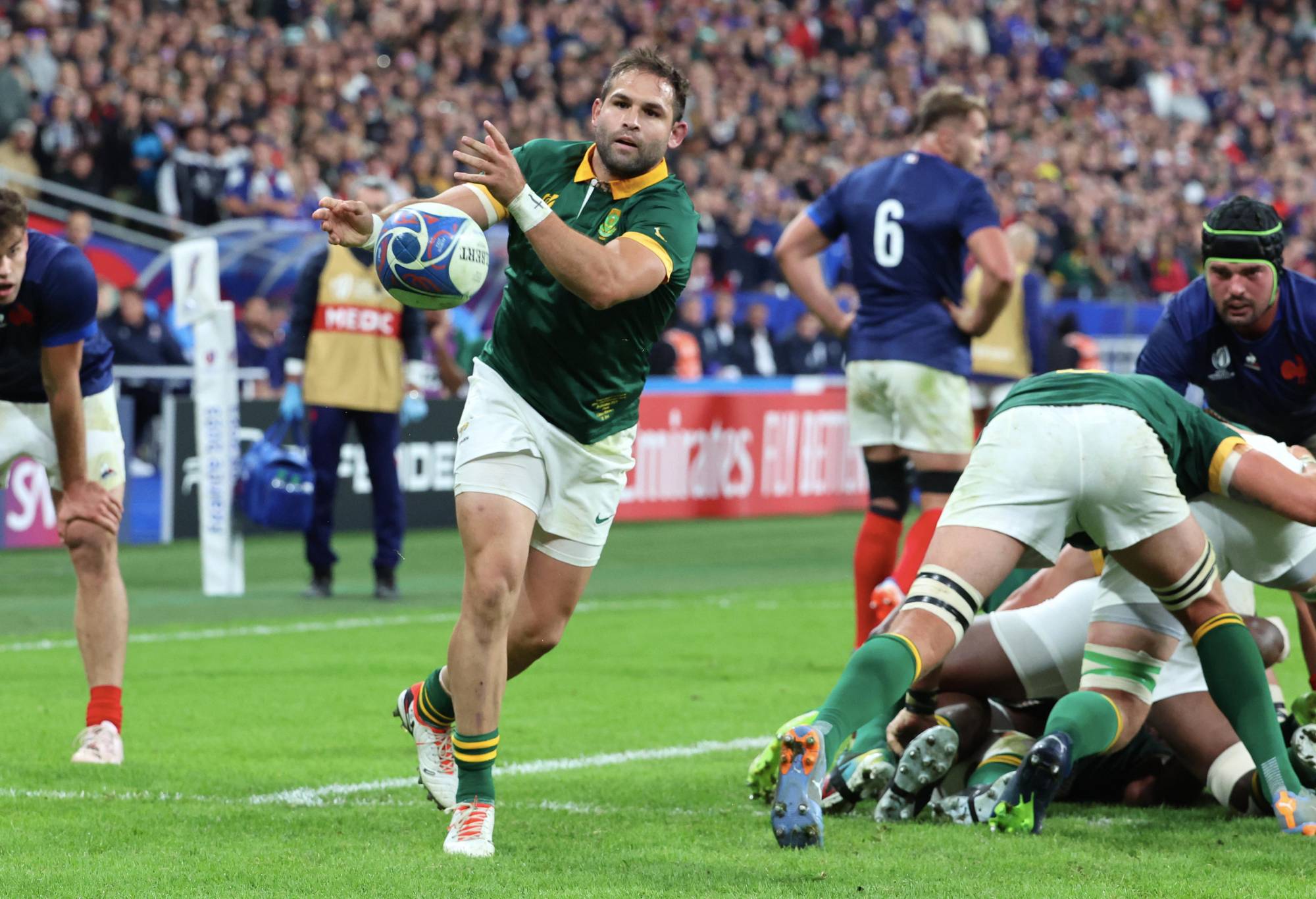 Cobus Reinach #9 of Team South Africa in action during the Rugby World Cup France 2023 Quarter Final match between France and South Africa at Stade de France on October 15, 2023 in Paris, France. (Photo by Xavier Laine/Getty Images)