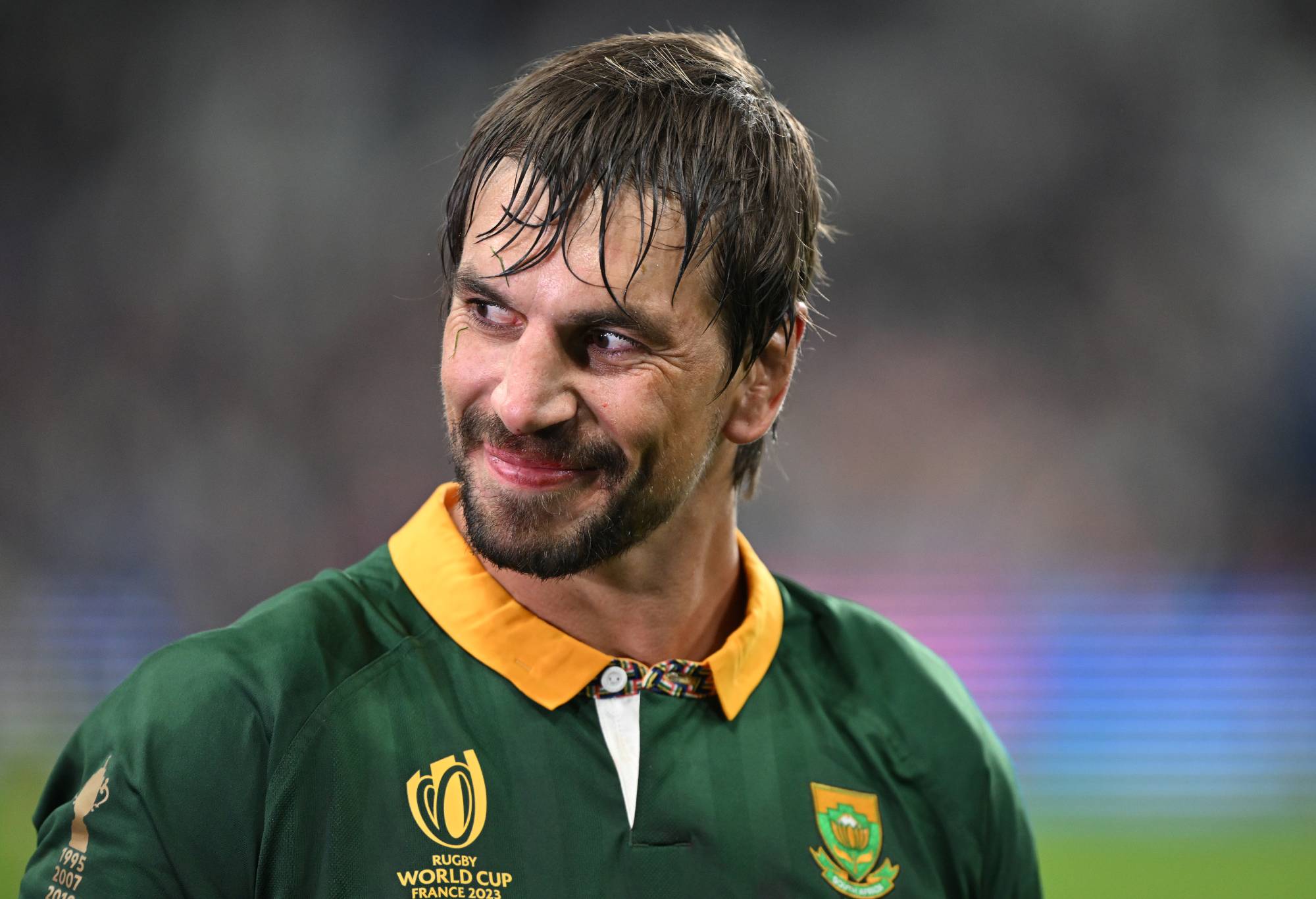Eben Etzebeth of South Africa enjoys victory at the end of the Rugby World Cup France 2023 Quarter Final match between France and South Africa at Stade de France on October 15, 2023 in Paris, France. (Photo by Mike Hewitt/Getty Images)