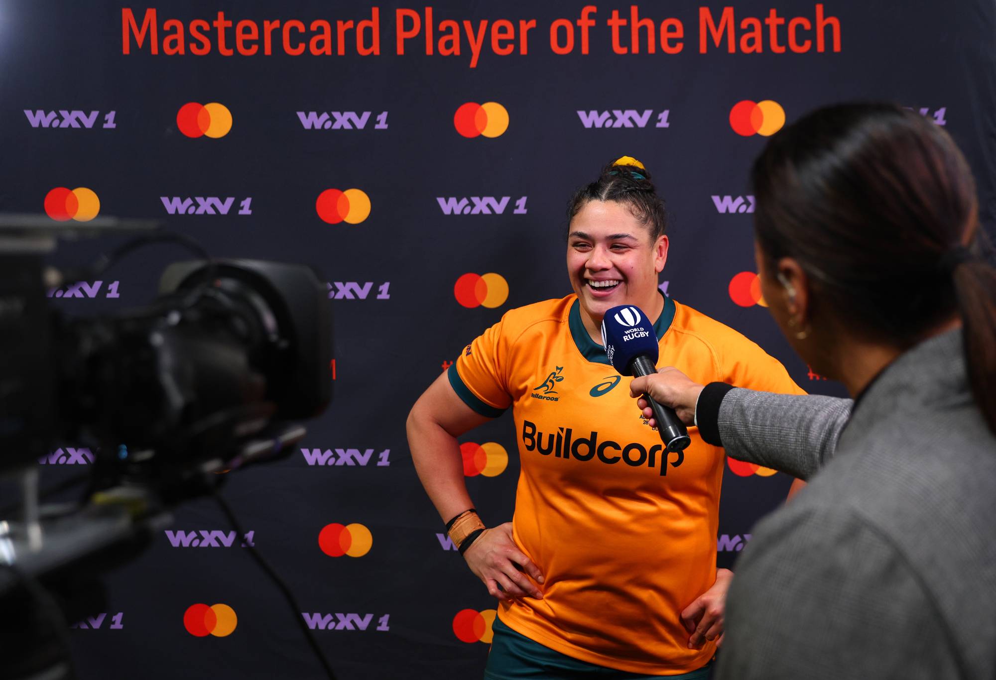 Eva Karpani of Australia is intervewed following the WXV1 match between France and Australia Wallaroos at Forsyth Barr Stadium on October 28, 2023 in Dunedin, New Zealand. (Photo by Hagen Hopkins - World Rugby/World Rugby via Getty Images)