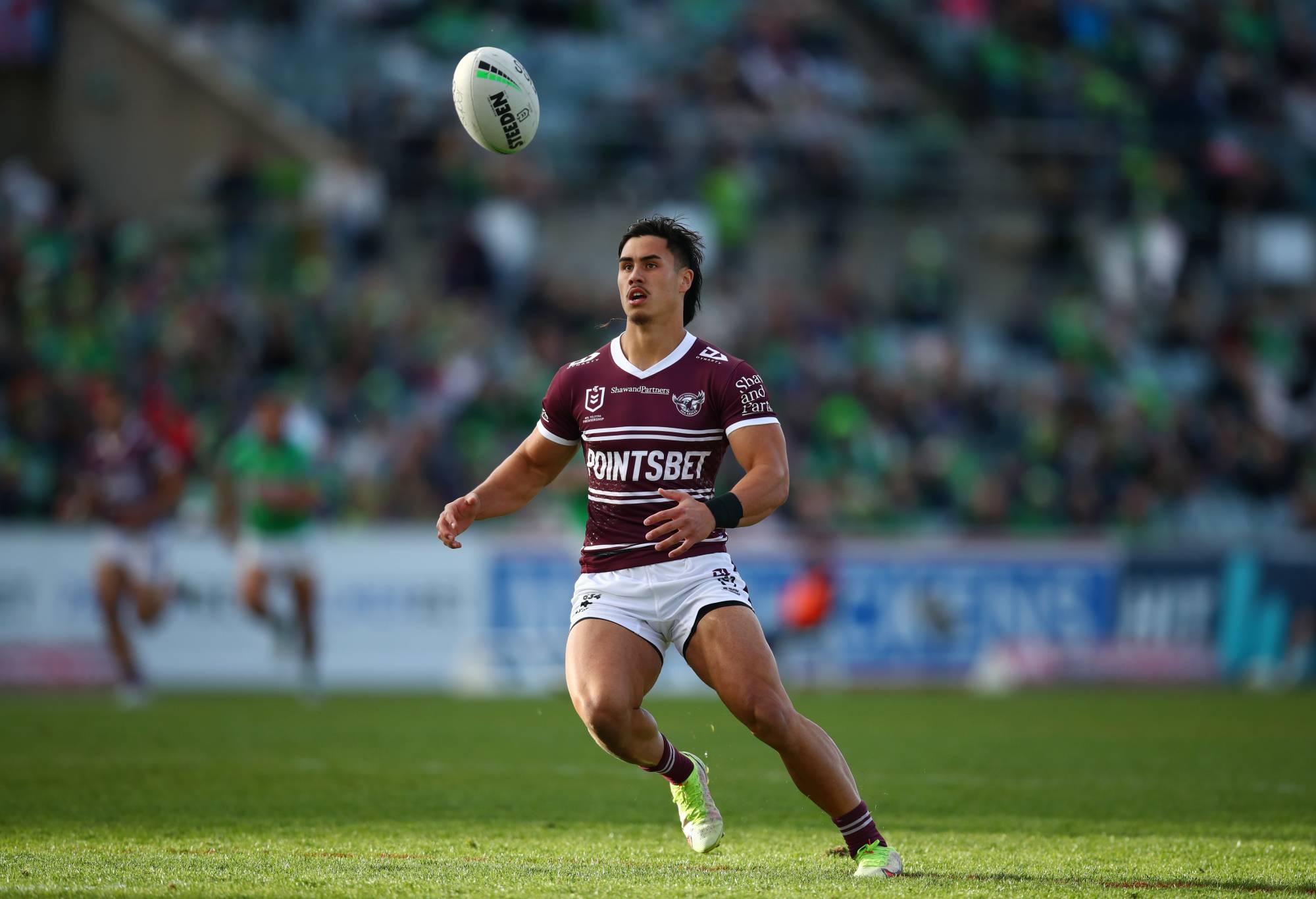 CANBERRA, AUSTRALIA - AUGUST 27: Kaeo Weekes of the Sea Eagles during the round 24 NRL match between the Canberra Raiders and the Manly Sea Eagles at GIO Stadium on August 27, 2022 in Canberra, Australia. (Photo by Jason McCawley/Getty Images)