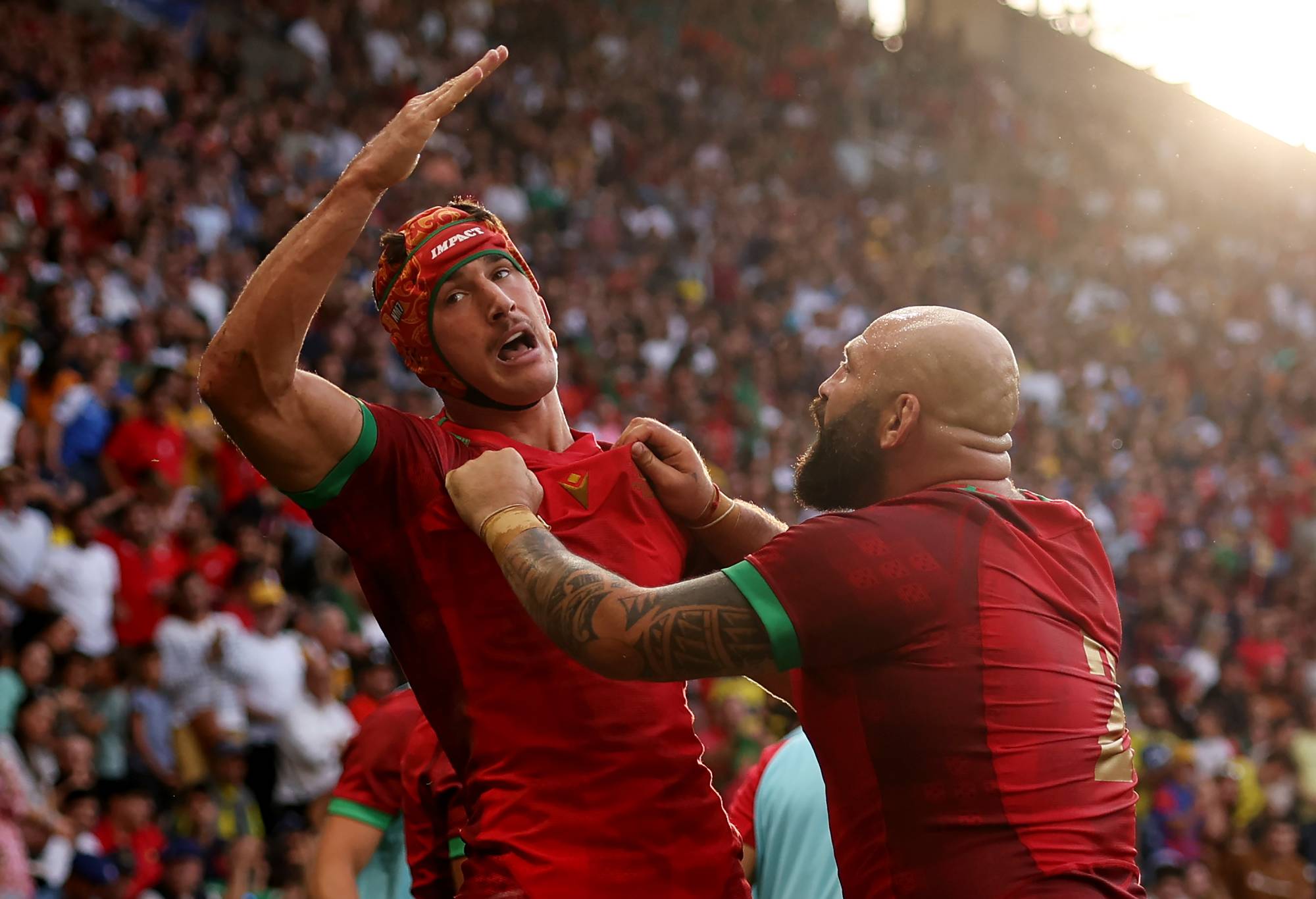 Nicolas Martins of Portugal reacts after scoring a disallowed try during the Rugby World Cup France 2023 match between Australia and Portugal at Stade Geoffroy-Guichard on October 01, 2023 in Saint-Etienne, France. (Photo by Julian Finney - World Rugby/World Rugby via Getty Images)