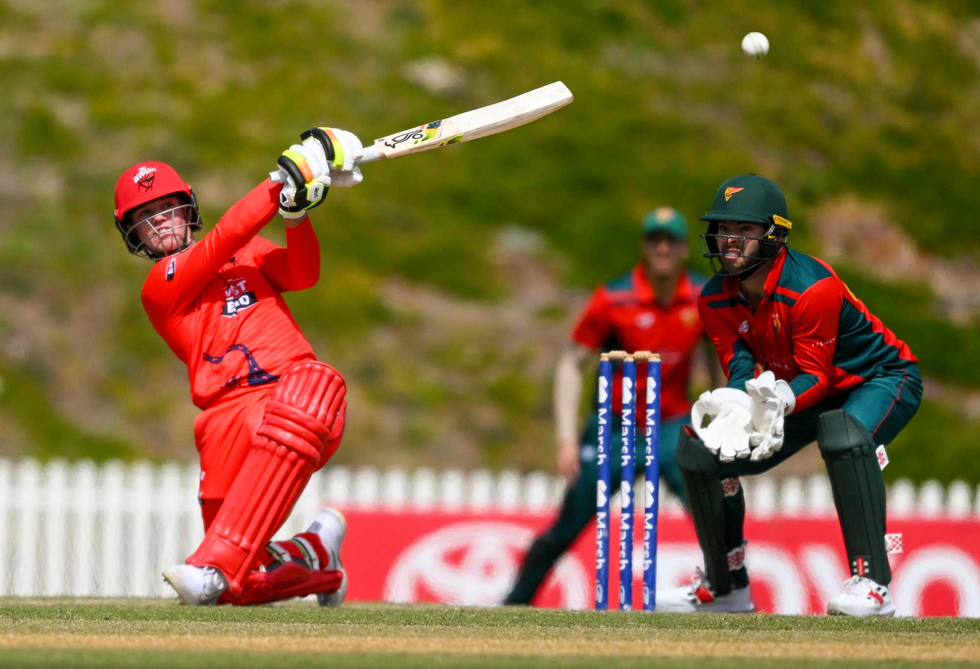 ADELAIDE, AUSTRALIA - OCTOBER 08: Jake Fraser-McGurk of the Redbacks bats during the Marsh One Day Cup match between South Australia and Tasmania at Karen Rolton Oval, on October 08, 2023, in Adelaide, Australia. (Photo by Mark Brake/Getty Images)
