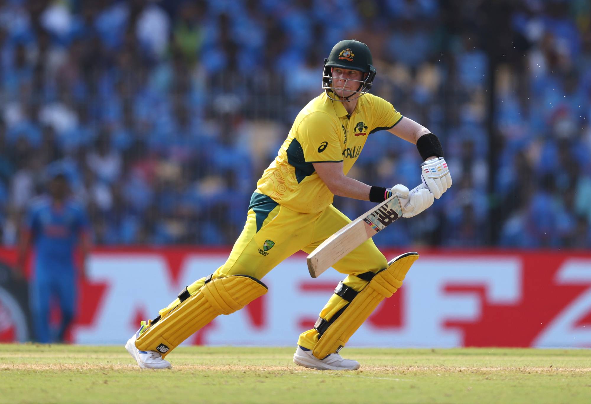 CHENNAI, INDIA - OCTOBER 08: Steve Smith of Australia bats during the ICC Men's Cricket World Cup India 2023 between India and Australia at MA Chidambaram Stadium on October 08, 2023 in Chennai, India. (Photo by Matthew Lewis-ICC/ICC via Getty Images)