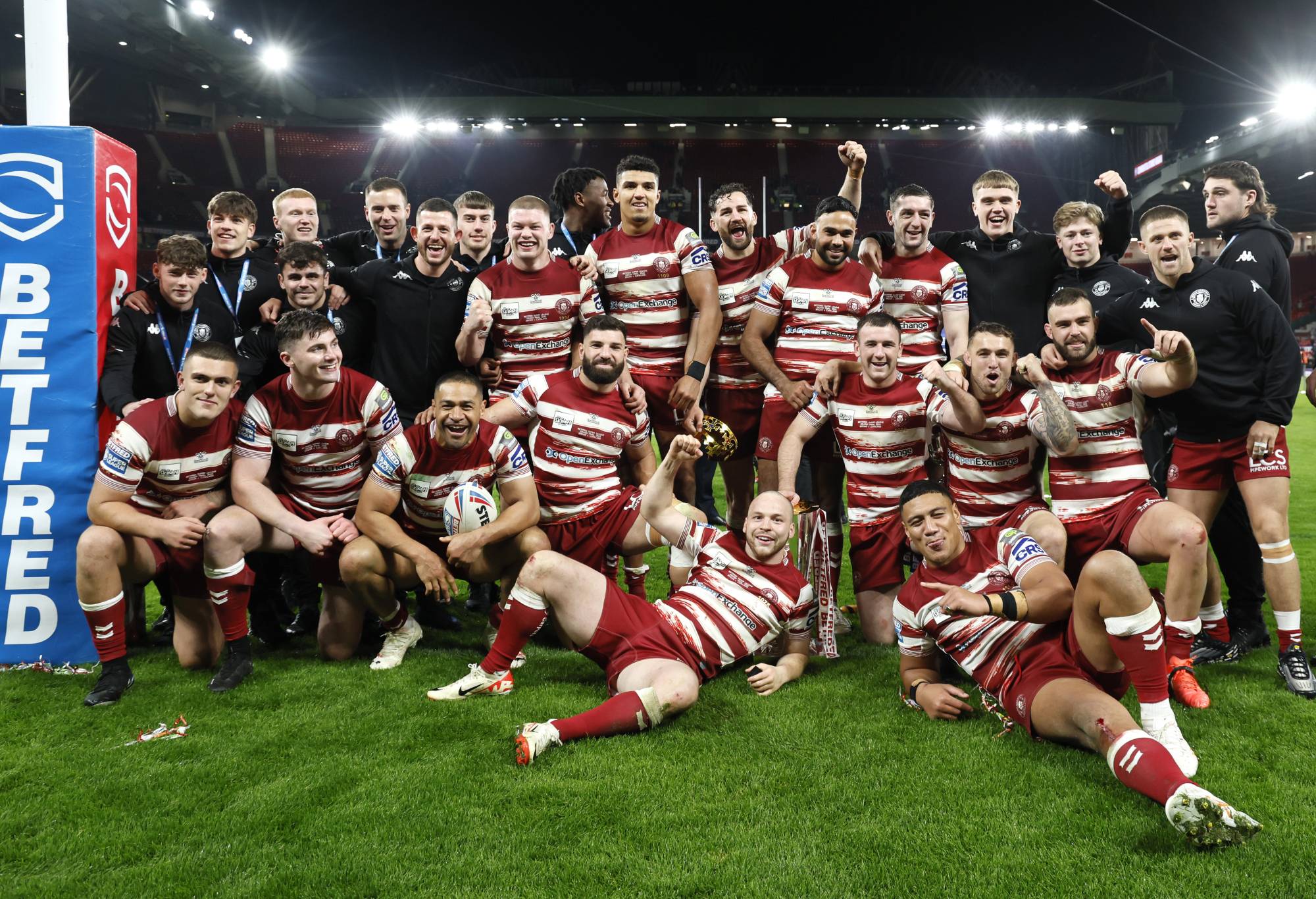 Wigan Warriors celebrate with the trophy after the Betfred Super League final match at Old Trafford, Manchester. Picture date: Saturday October 14, 2023. (Photo by Richard Sellers/PA Images via Getty Images)