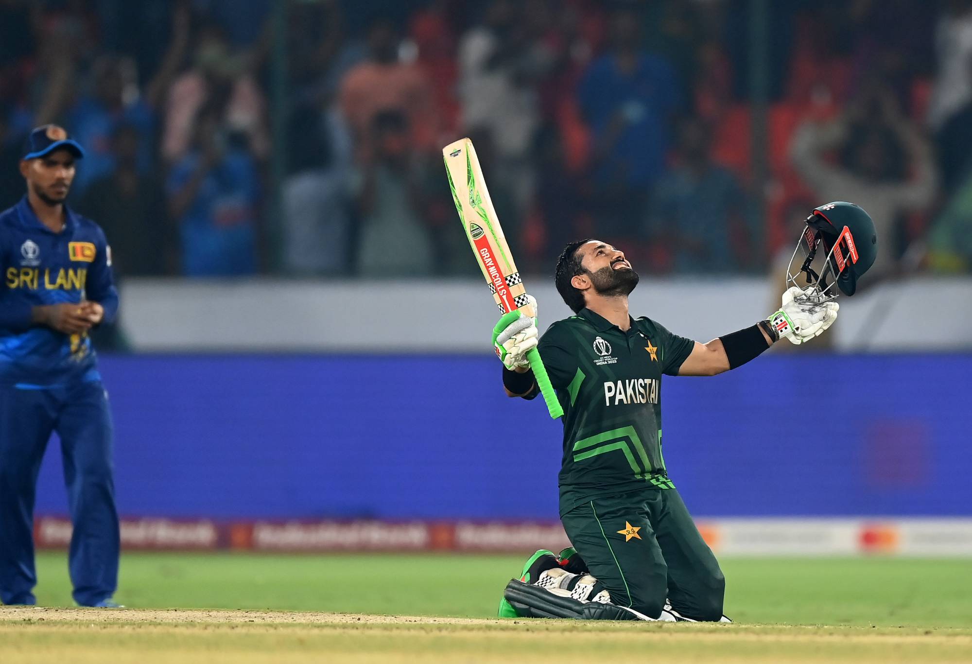 HYDERABAD, INDIA - OCTOBER 10: Mohammad Rizwan of Pakistan celebrates following the ICC Men's Cricket World Cup India 2023 between Pakistan and Sri Lanka at Rajiv Gandhi International Stadium on October 10, 2023 in Hyderabad, India. (Photo by Alex Davidson-ICC/ICC via Getty Images)