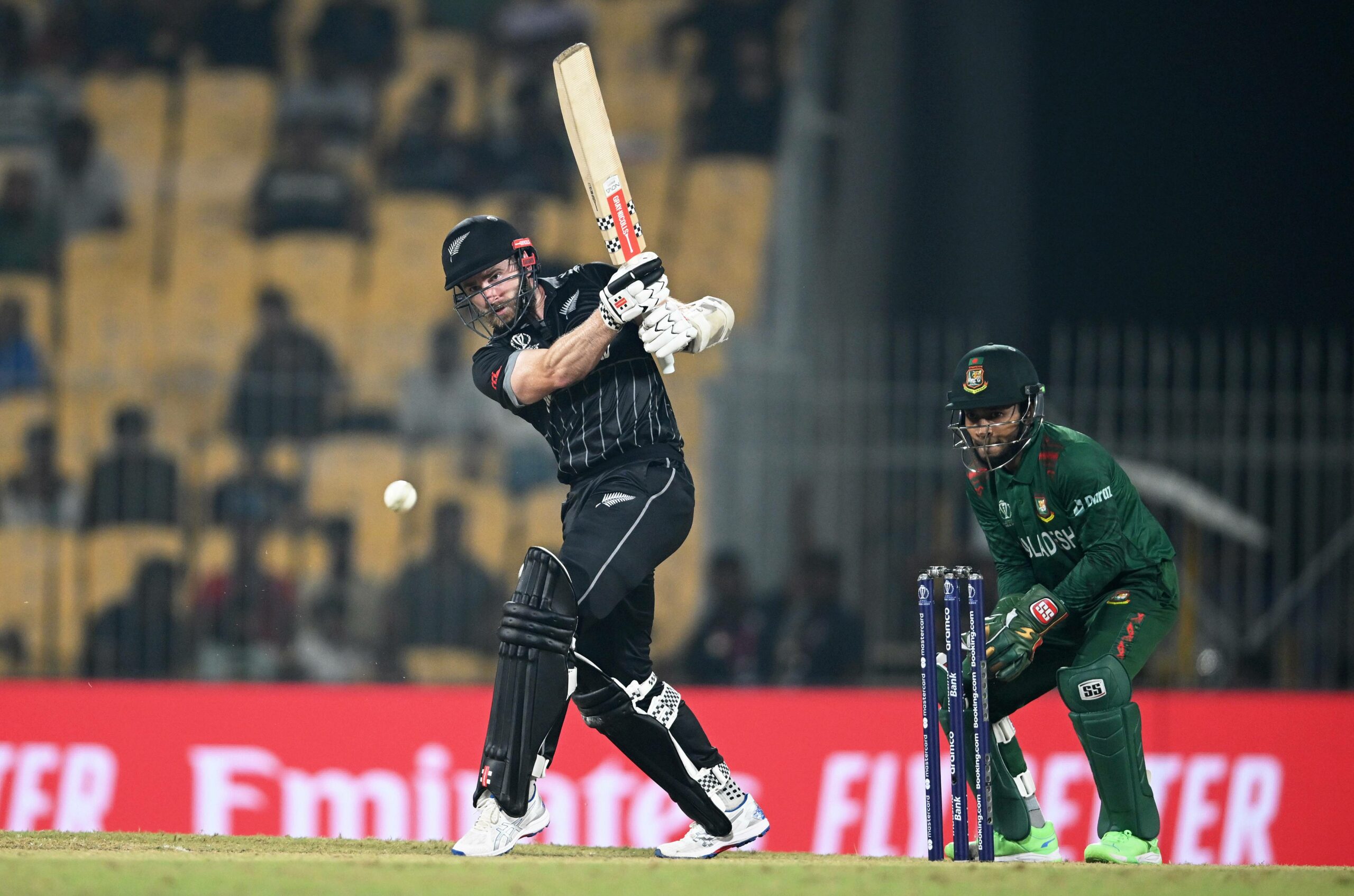 New Zealand's captain Kane Williamson during the 2023 ICC Men's Cricket World Cup one-day international (ODI) match between New Zealand and Bangladesh at the MA Chidambaram Stadium in Chennai on October 13, 2023. (Photo by R.Satish BABU / AFP) / -- IMAGE RESTRICTED TO EDITORIAL USE - STRICTLY NO COMMERCIAL USE -- (Photo by R.SATISH BABU/AFP via Getty Images)