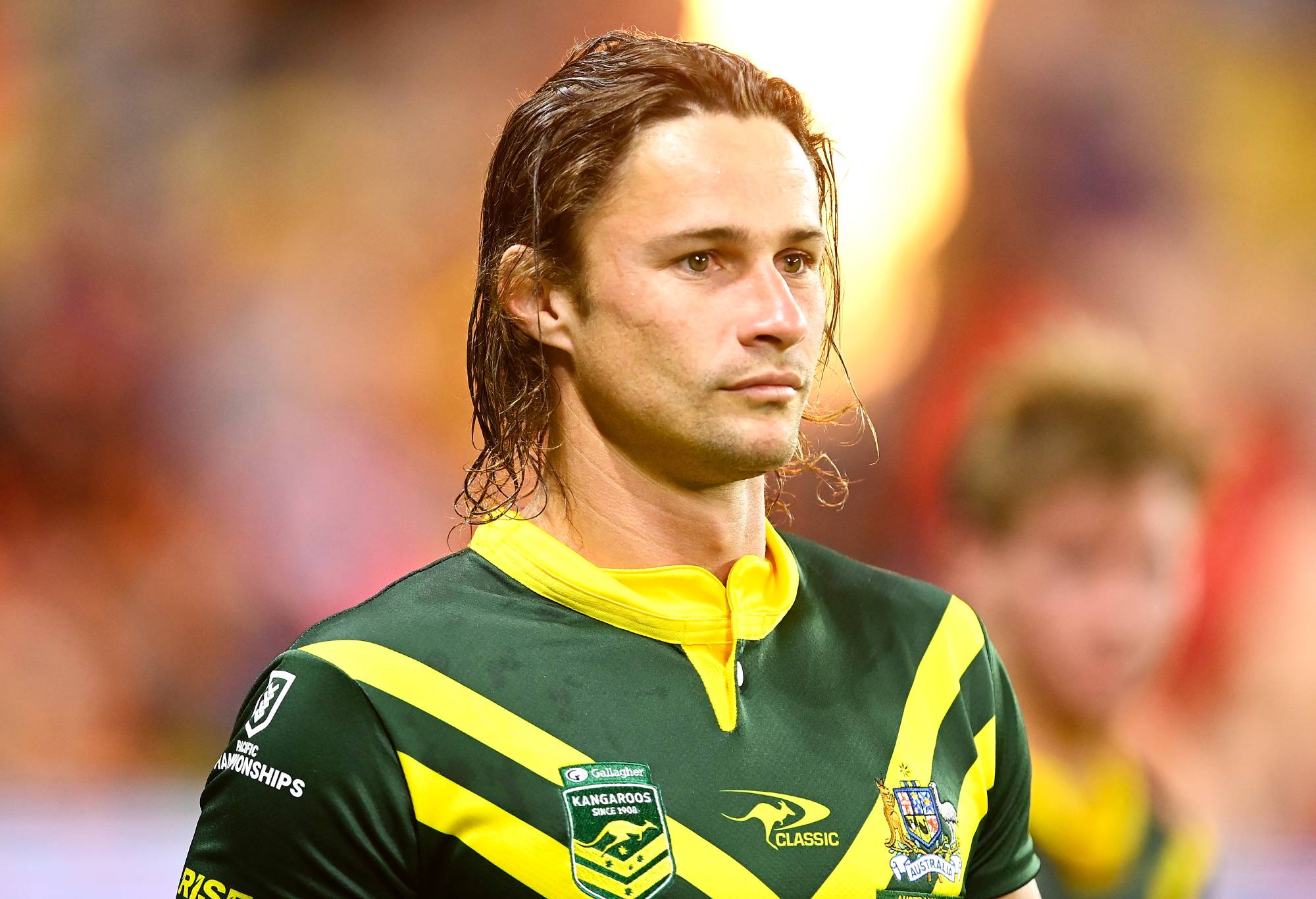 TOWNSVILLE, AUSTRALIA - OCTOBER 14: Nicho Hynes of the Kangaroos looks on during the Mens Pacific Championship match between Australia Kangaroos and Samoa at Queensland Country Bank Stadium on October 14, 2023 in Townsville, Australia. (Photo by Ian Hitchcock/Getty Images)
