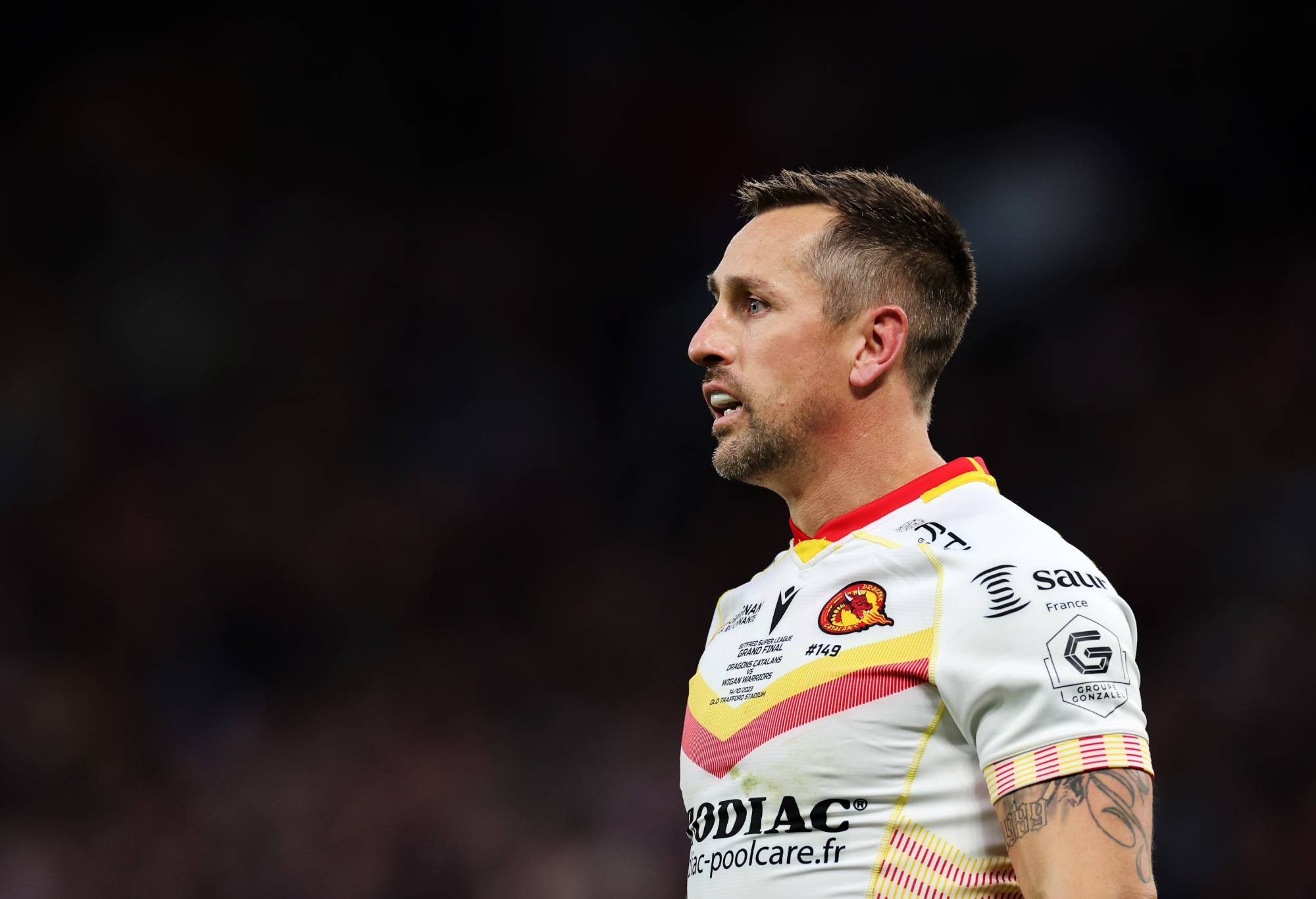 MANCHESTER, ENGLAND - OCTOBER 14: Mitchell Pearce of Catalans Dragons looks on during the Betfred Super League Final match between Wigan Warriors v Catalans Dragons at Old Trafford on October 14, 2023 in Manchester, England. (Photo by Jan Kruger/Getty Images)