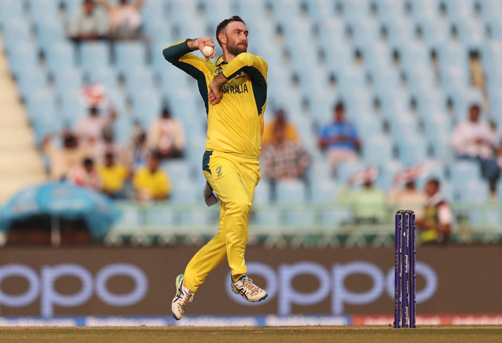 LUCKNOW, INDIA - OCTOBER 16: Glenn Maxwell of Australia in bowling action during the ICC Men's Cricket World Cup India 2023 between Australia and Sri Lanka at BRSABVE Cricket Stadium on October 16, 2023 in Lucknow, India. (Photo by Matthew Lewis-ICC/ICC via Getty Images)