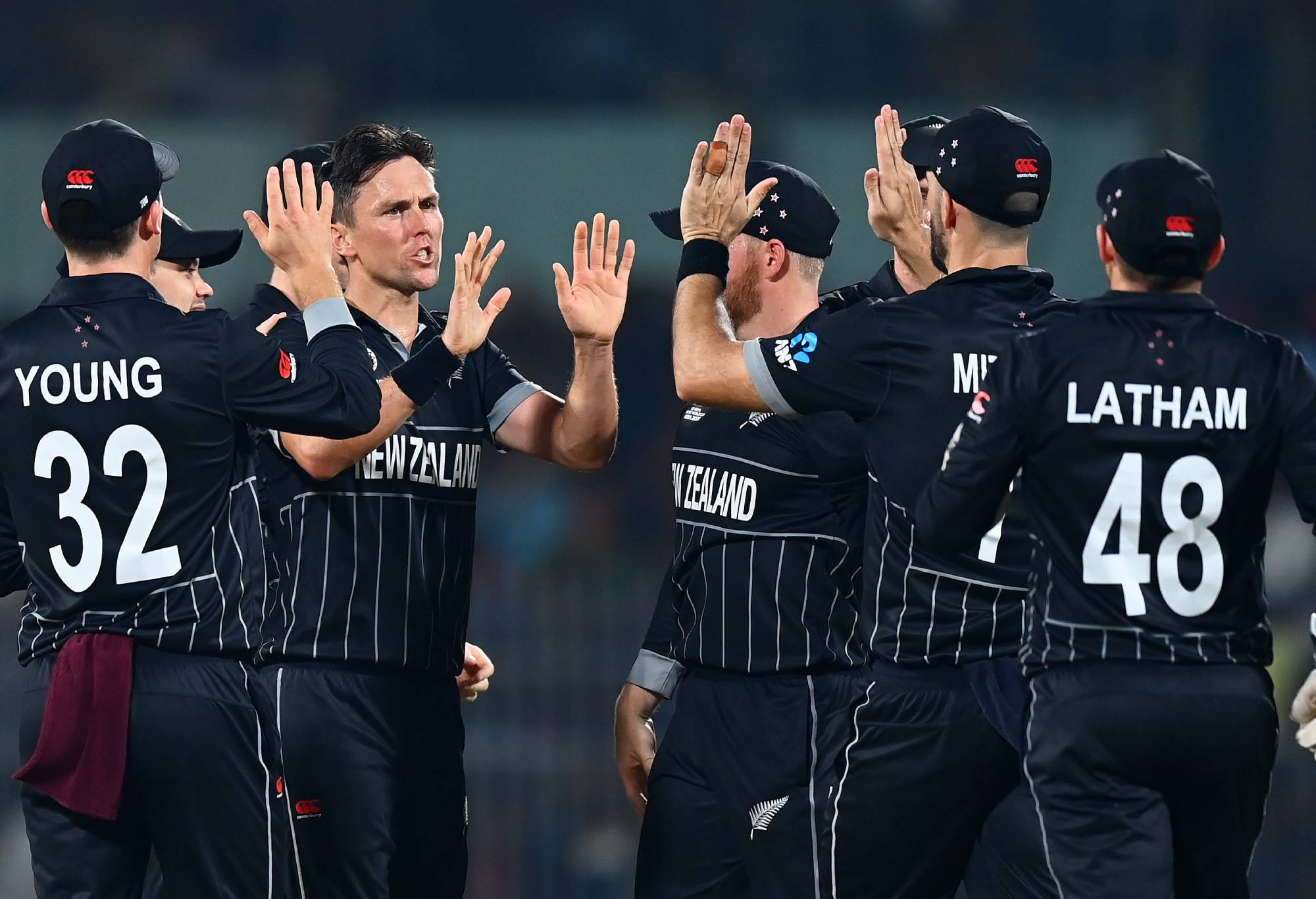 CHENNAI, INDIA - OCTOBER 18: Trent Boult of New Zealand celebrates the wicket of Ibrahim Zadran of Afghanistan during the ICC Men's Cricket World Cup India 2023 between New Zealand and Afghanistan at MA Chidambaram Stadium on October 18, 2023 in Chennai, India. (Photo by Alex Davidson-ICC/ICC via Getty Images)