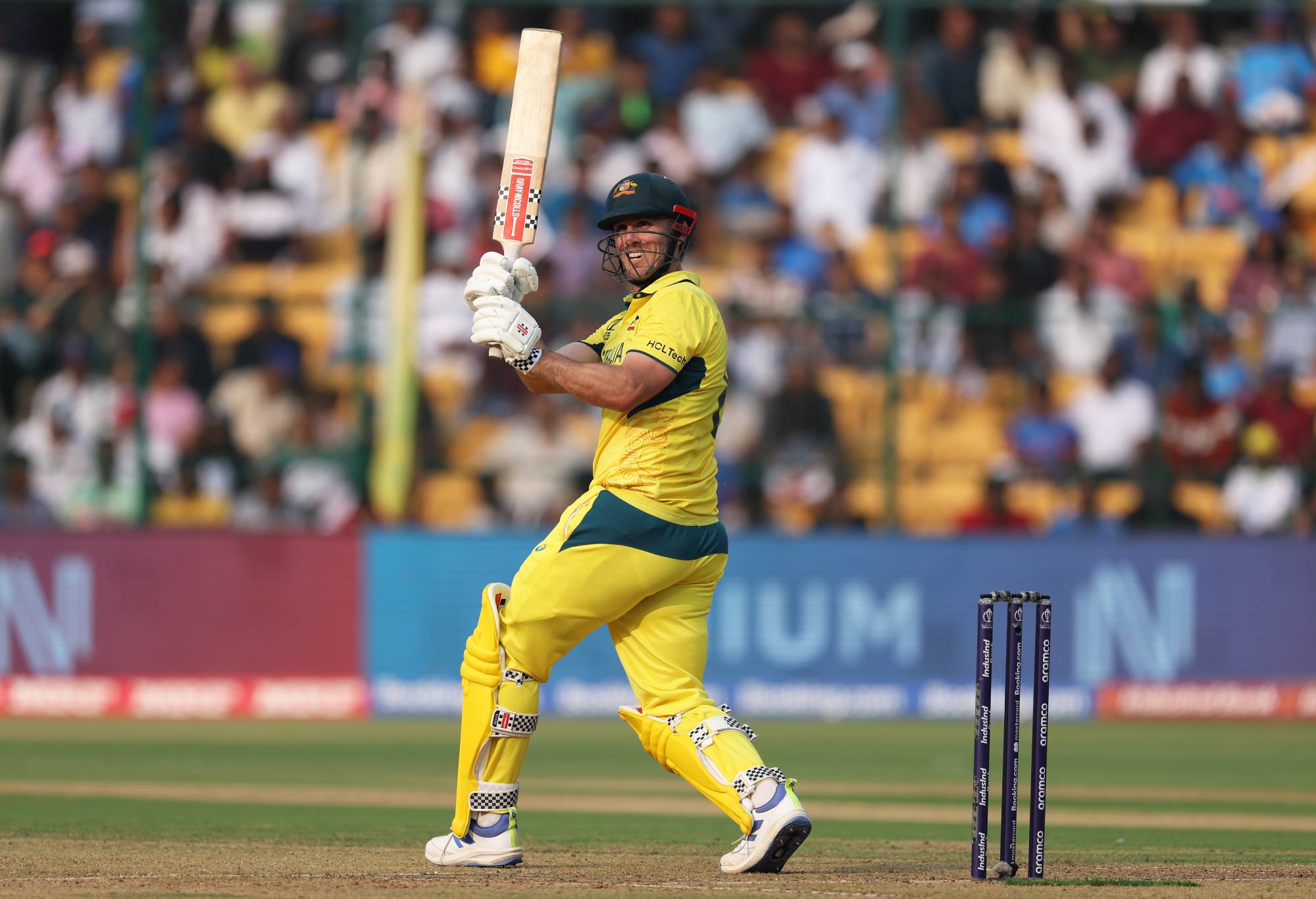 BANGALORE, INDIA - OCTOBER 20: Mitch Marsh of Australia plays a shot during the ICC Men's Cricket World Cup India 2023 between Australia and Pakistan at M. Chinnaswamy Stadium on October 20, 2023 in Bangalore, India. (Photo by Matthew Lewis-ICC/ICC via Getty Images)