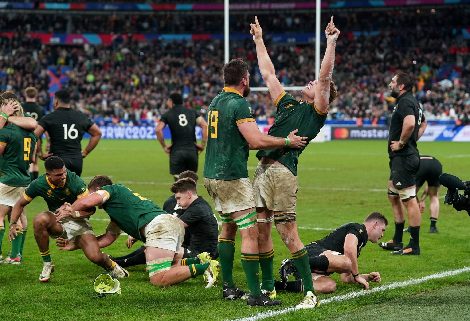 South Africa's Jean Kleyn (left) and Pieter-Steph Du Toit celebrate victory after the final whistle following the Rugby World Cup 2023 final match at the Stade de France in Paris, France. Picture date: Saturday October 28, 2023. (Photo by David Davies/PA Images via Getty Images)