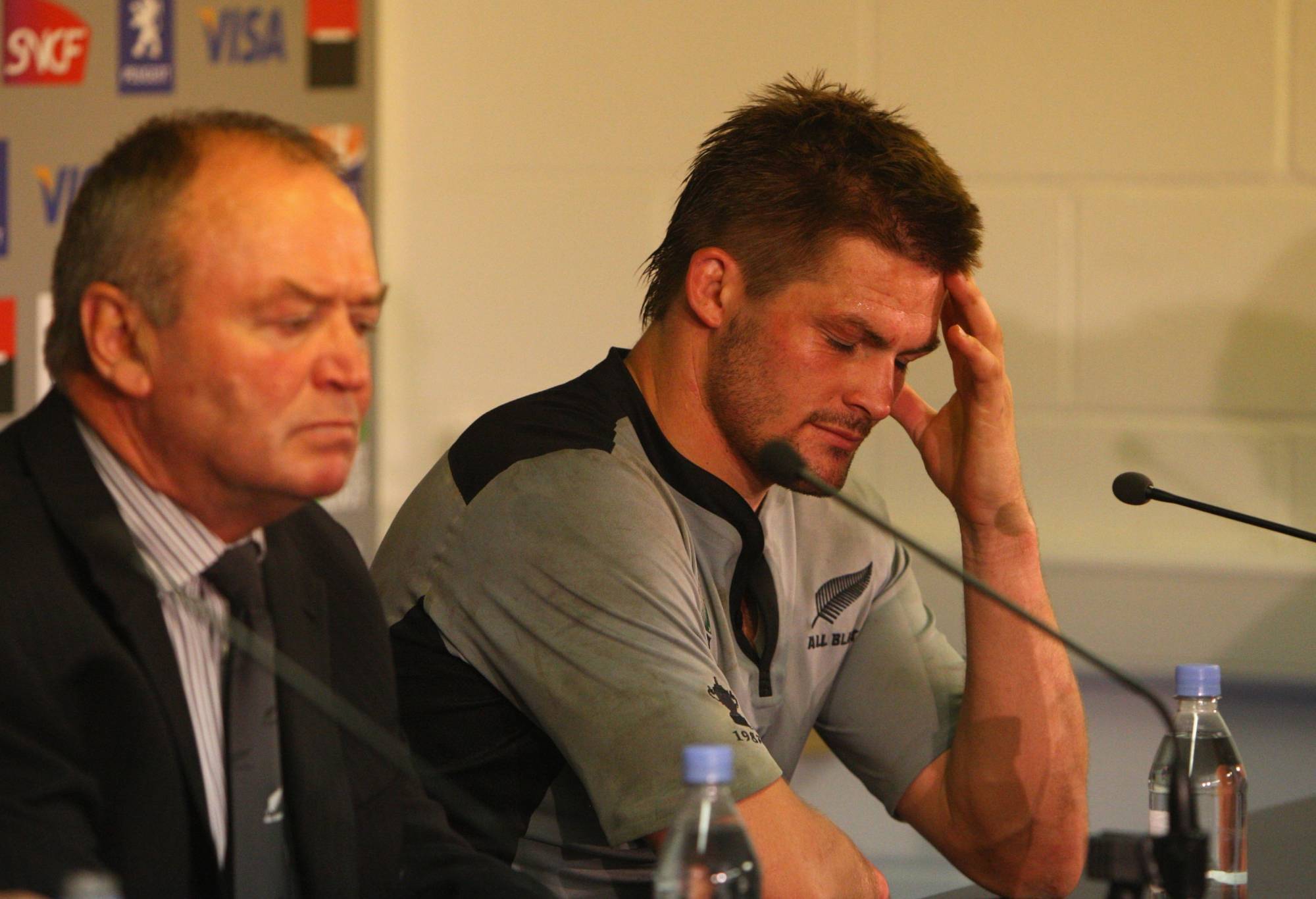 Richie McCaw of New Zealand is dejected at the post-match press conference during the Quarter Final of the Rugby World Cup 2007 match between New Zealand and France at the Millennium Stadium on October 6, 2007 in Cardiff, United Kingdom. (Photo by Stu Forster/Getty Images)