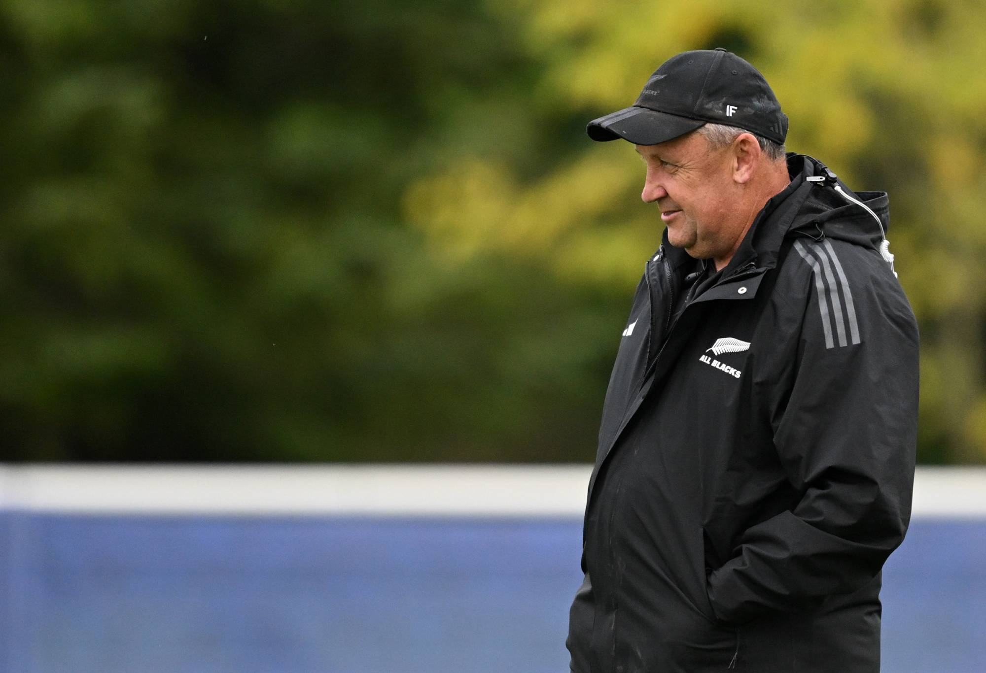Head coach Ian Foster of the All Blacks runs through drills during a New Zealand training session ahead of their Rugby World Cup France 2023 Final match against South Africa at Stade du Parc on October 26, 2023 in Rueil-Malmaison, France. (Photo by Hannah Peters/Getty Images)