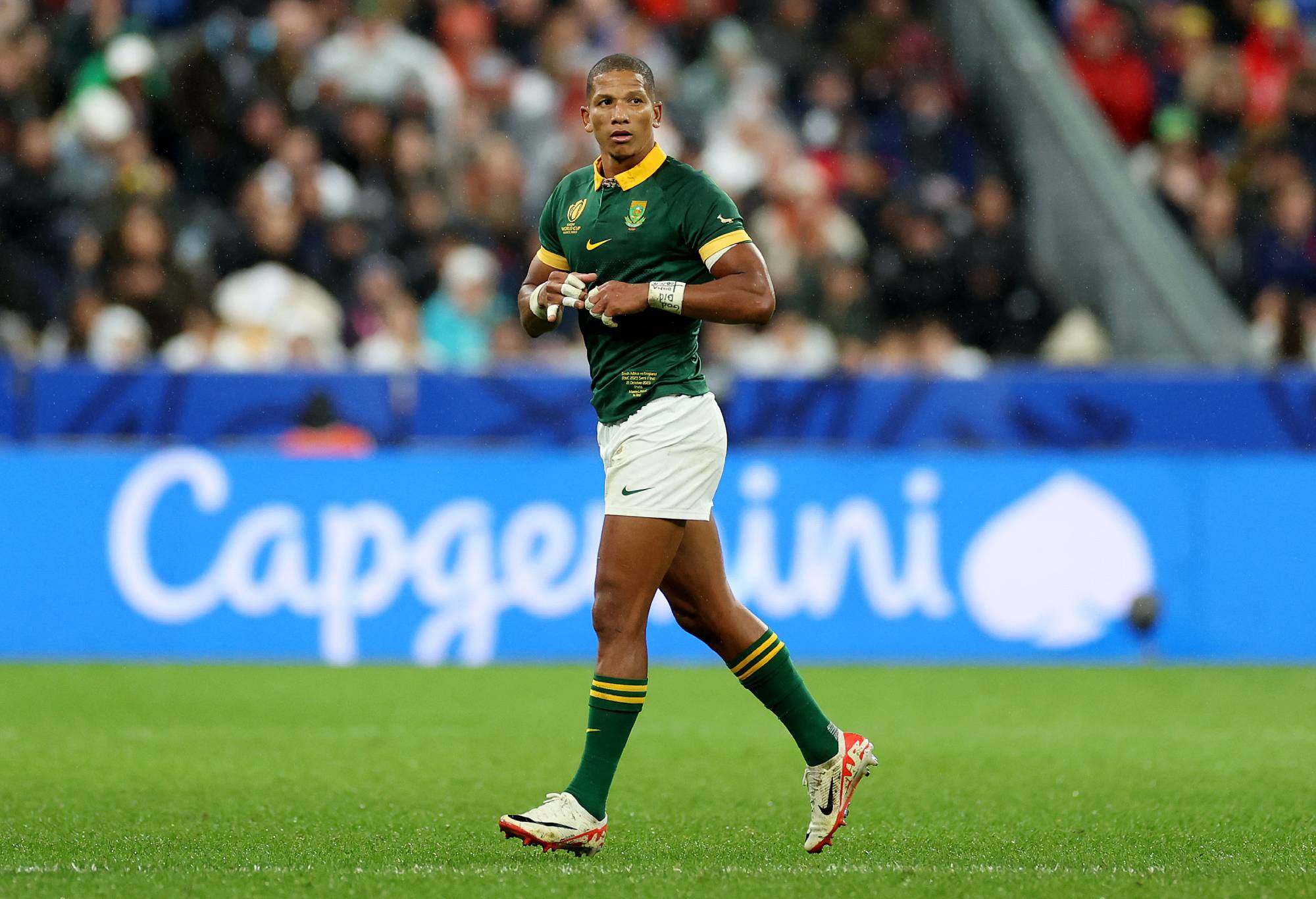 Manie Libbok of South Africa is substituted off the field during the Rugby World Cup France 2023 match between England and South Africa at Stade de France on October 21, 2023 in Paris, France. (Photo by Cameron Spencer/Getty Images)